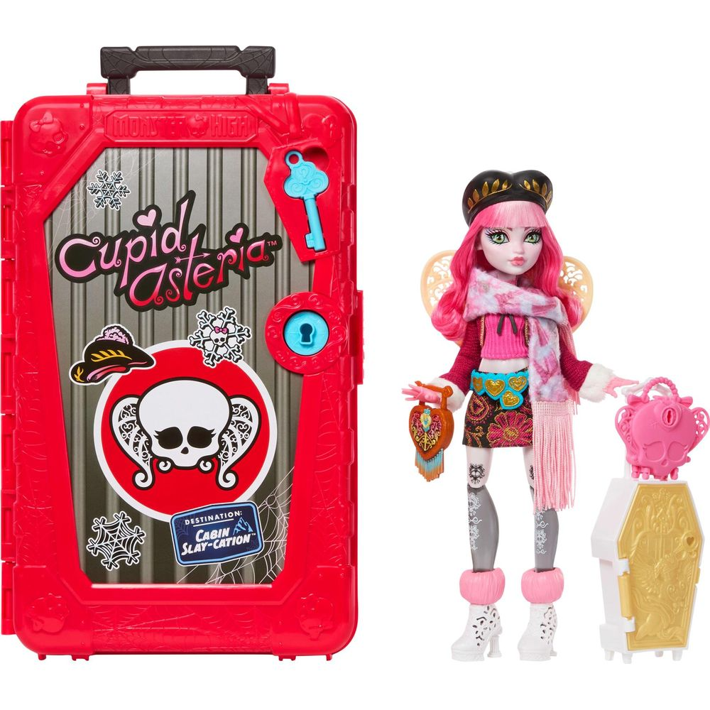 Muñeca Monster High con cabello rosa junto a un casillero rojo con calcomanías.