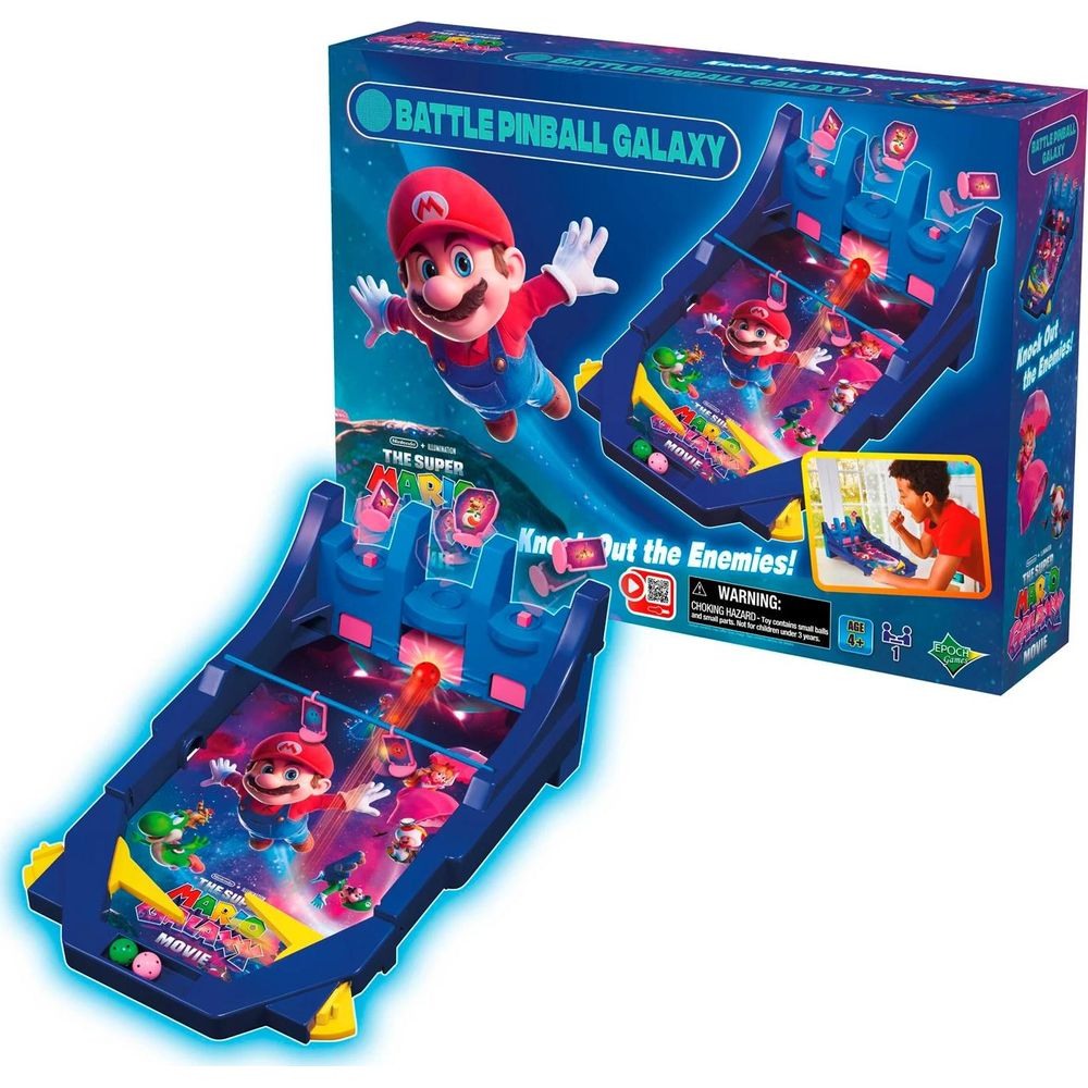 Das Super Mario Battle Pinball Galaxy Brettspiel mit blauer Schachtel und Mario-Weltraum-Grafiken.