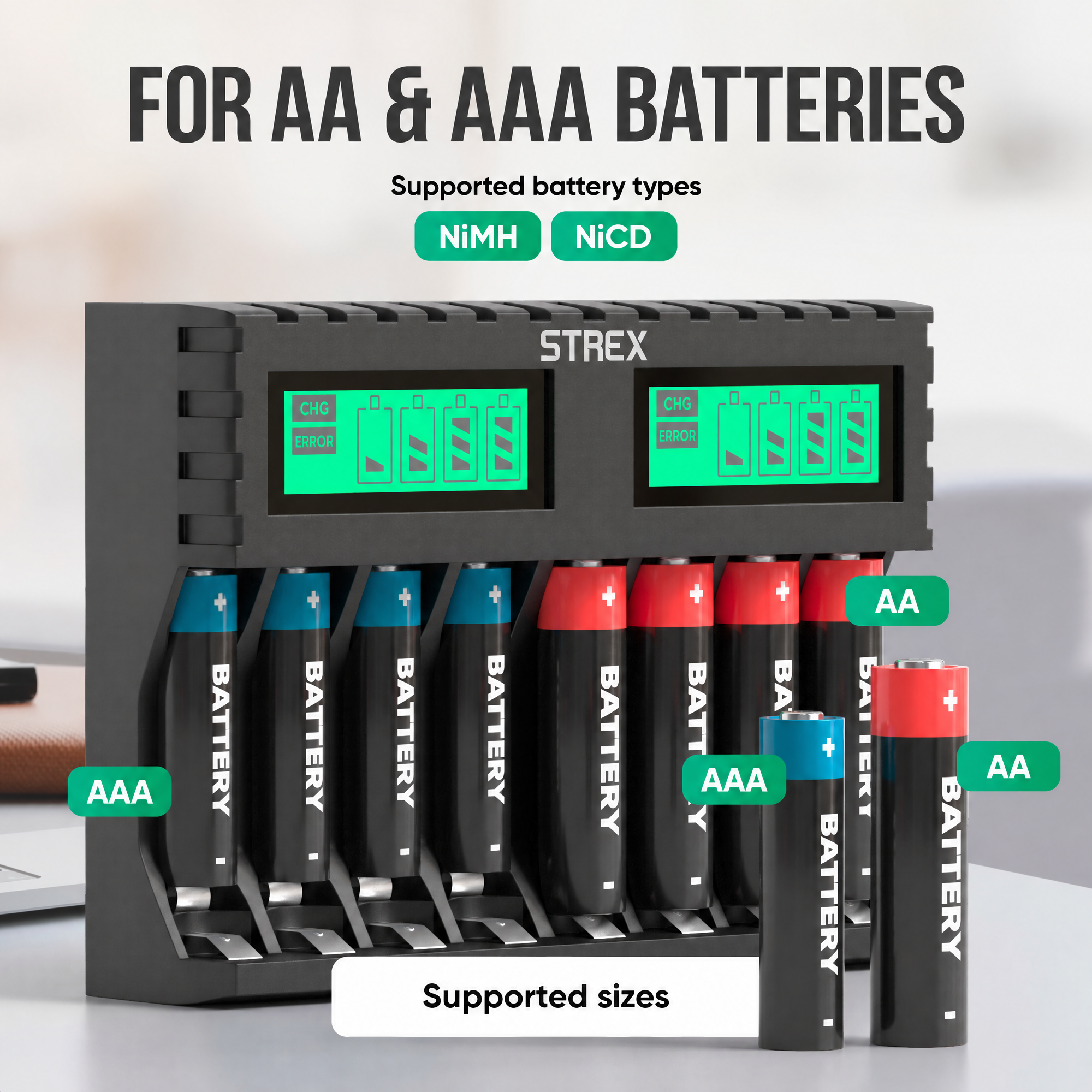 A black battery charger for AA and AAA batteries with two green LCD screens and loaded batteries.
