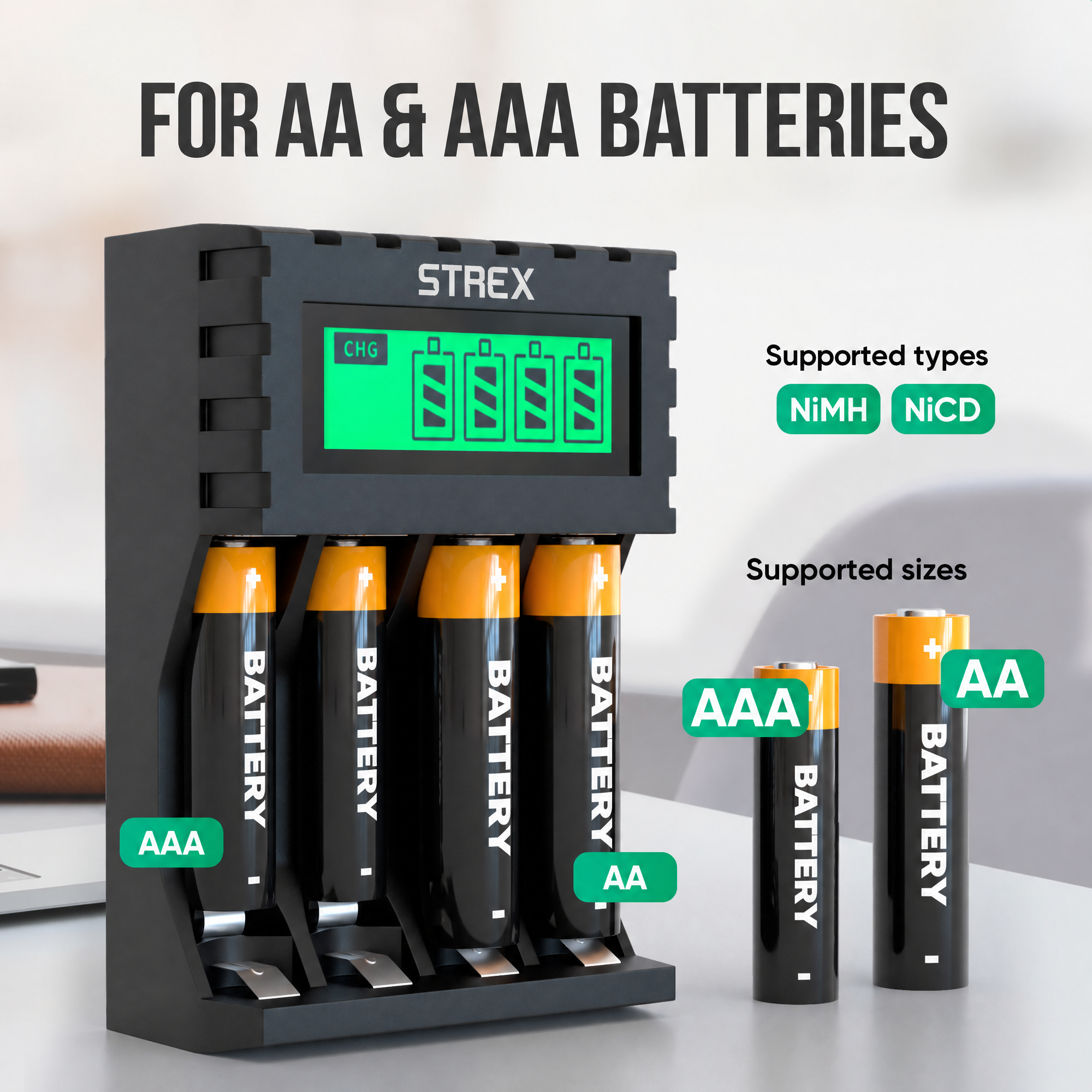 A black Strex battery charger holds four charging AA and AAA batteries, with two separate batteries standing beside it.