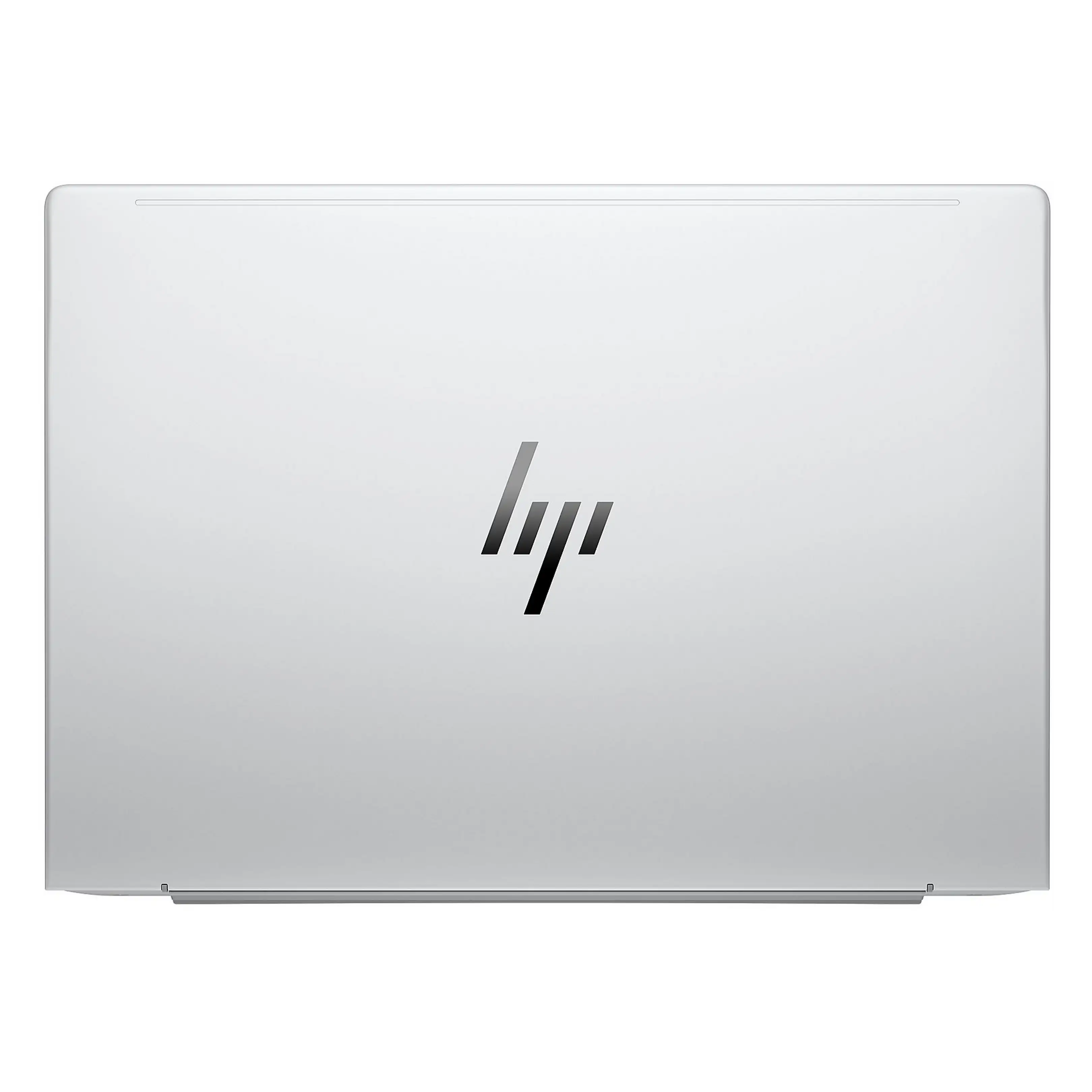 Il coperchio superiore argentato e chiuso di un computer portatile HP mostra il logo HP centrato al centro.