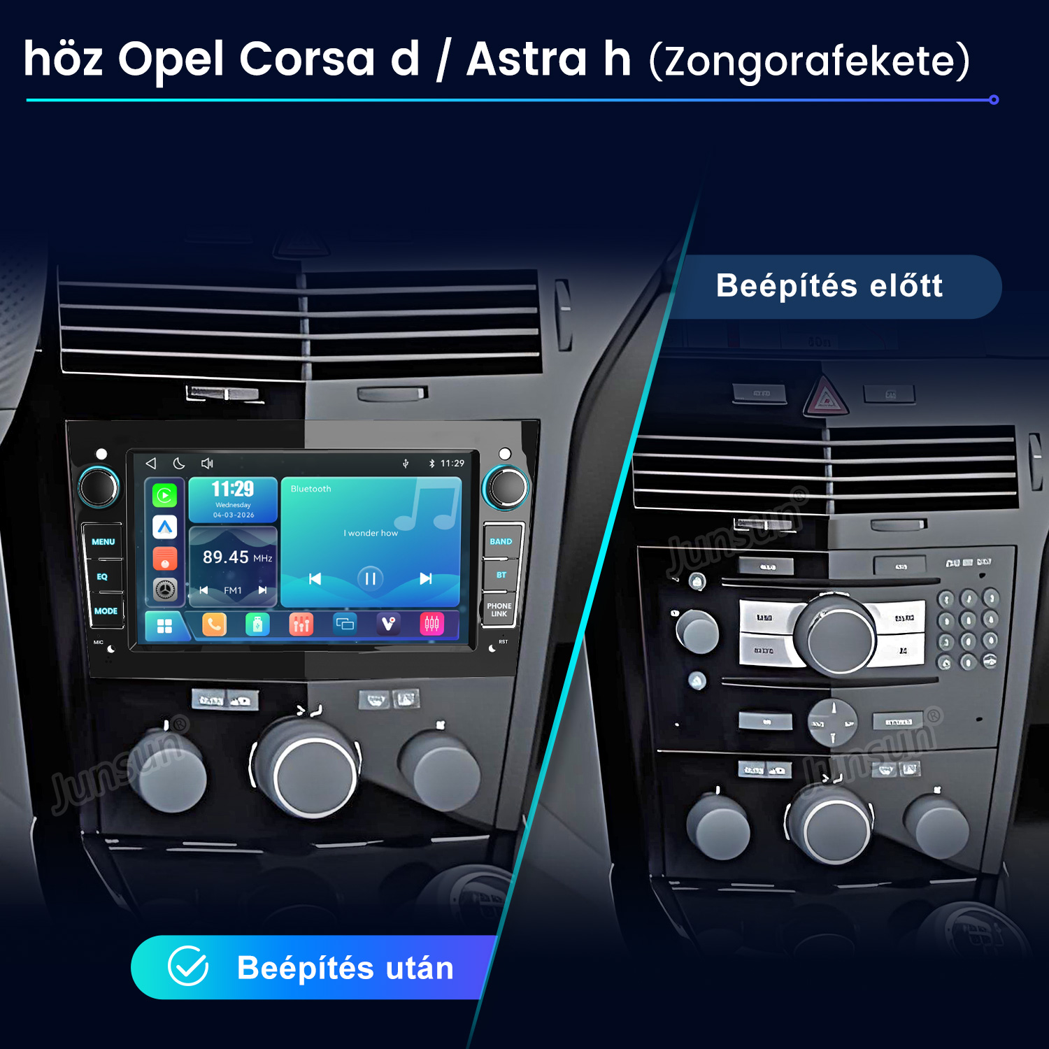 Autókonzol összehasonlítása egy modern érintőképernyős autórádió beszerelése előtt és után.
