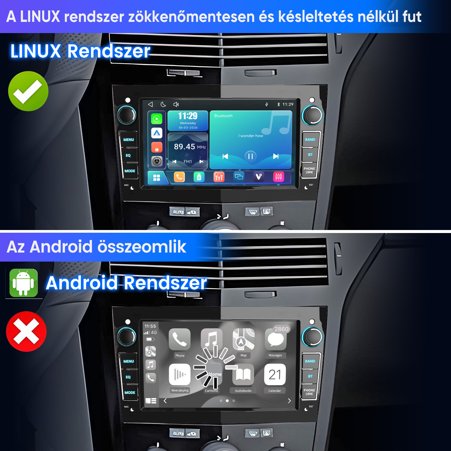 Linux és Android autós rendszerek összehasonlítása ikonokkal és képernyőkkel.
