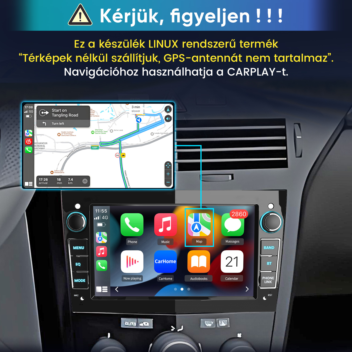 Linux autós rádió a műszerfalon CarPlay menüvel és magyar felirattal.