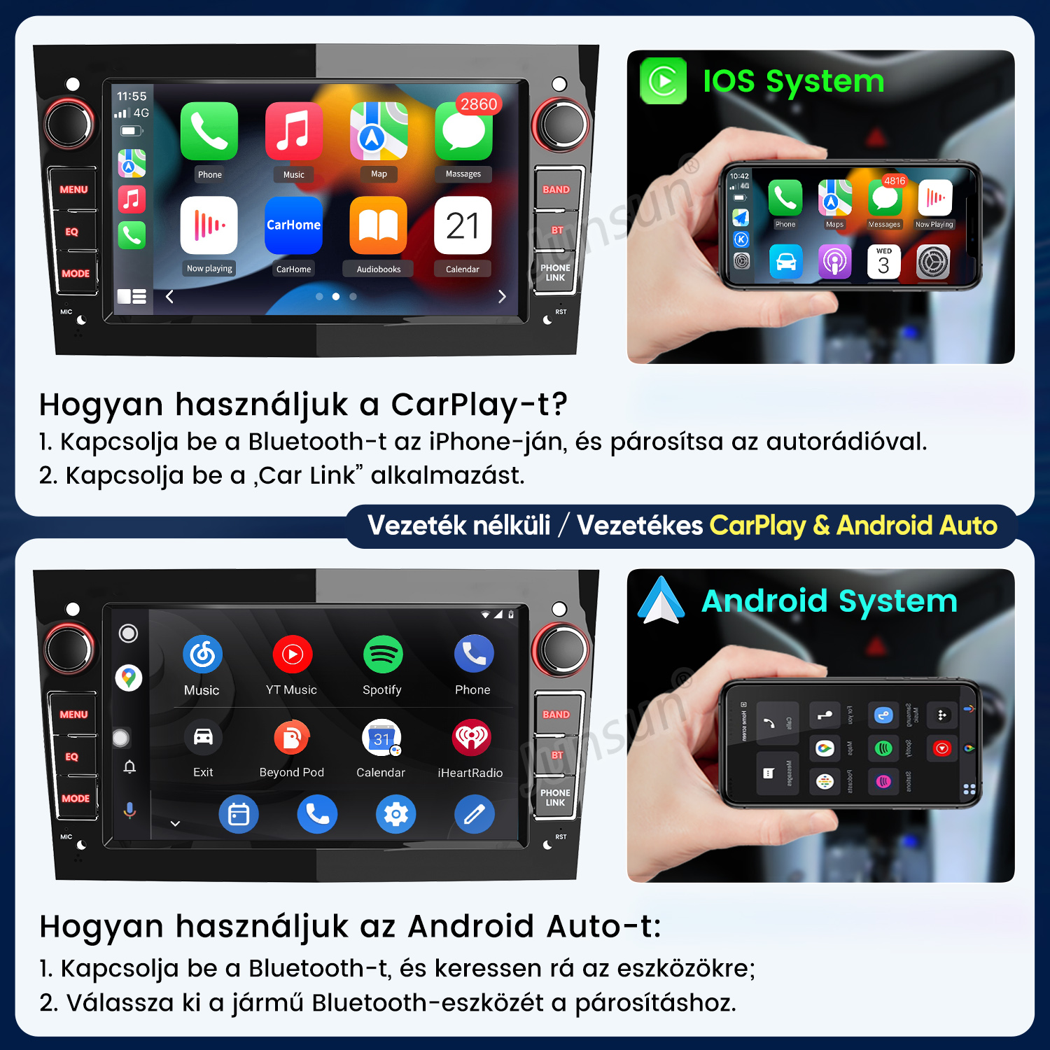 Útmutató a CarPlay és Android Auto használatához autós rádiókon okostelefon-kapcsolattal.