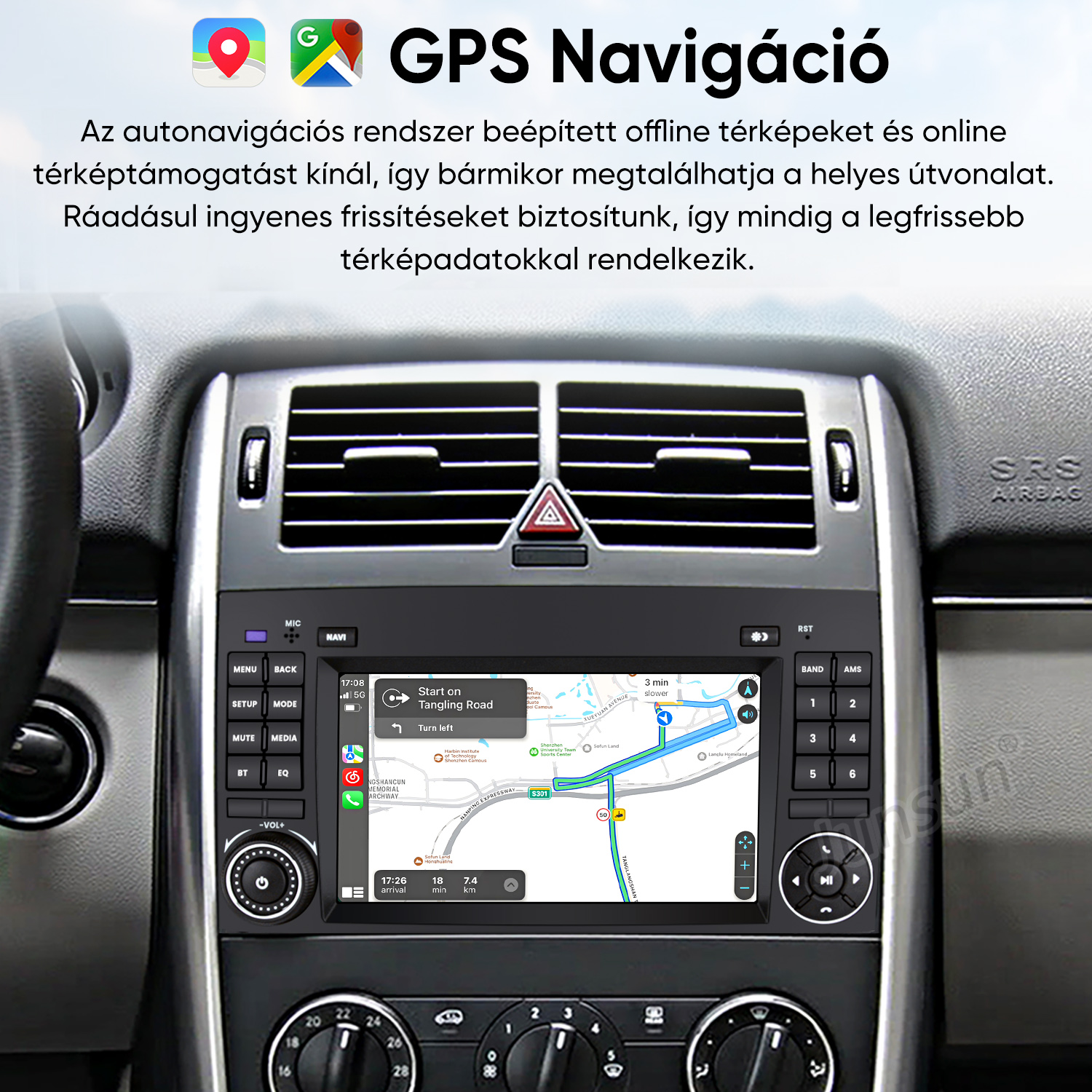 Autó műszerfal GPS navigációs képernyővel, digitális térképpel.