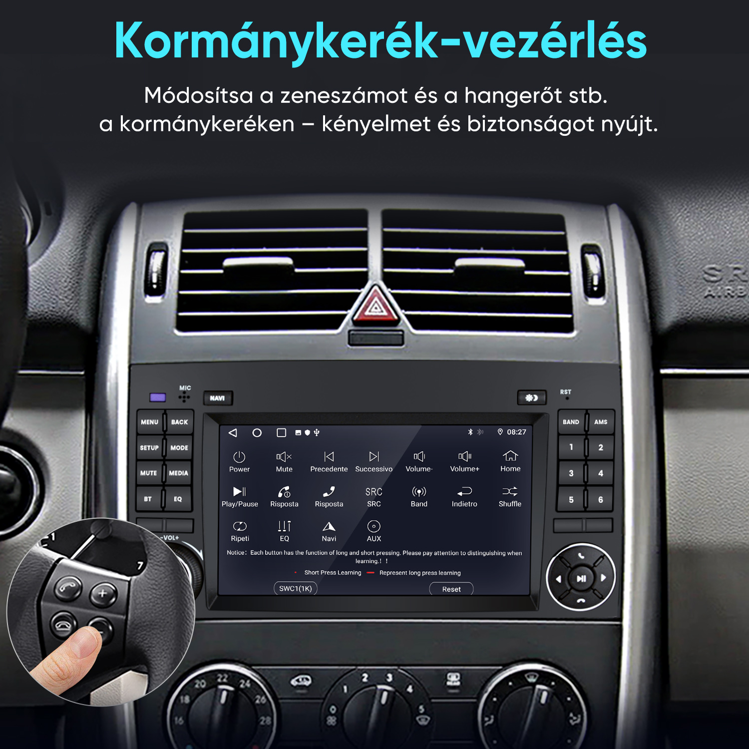Autó műszerfal érintőképernyős multimédiával és a kormánykerék gombjait mutató nagyítással.