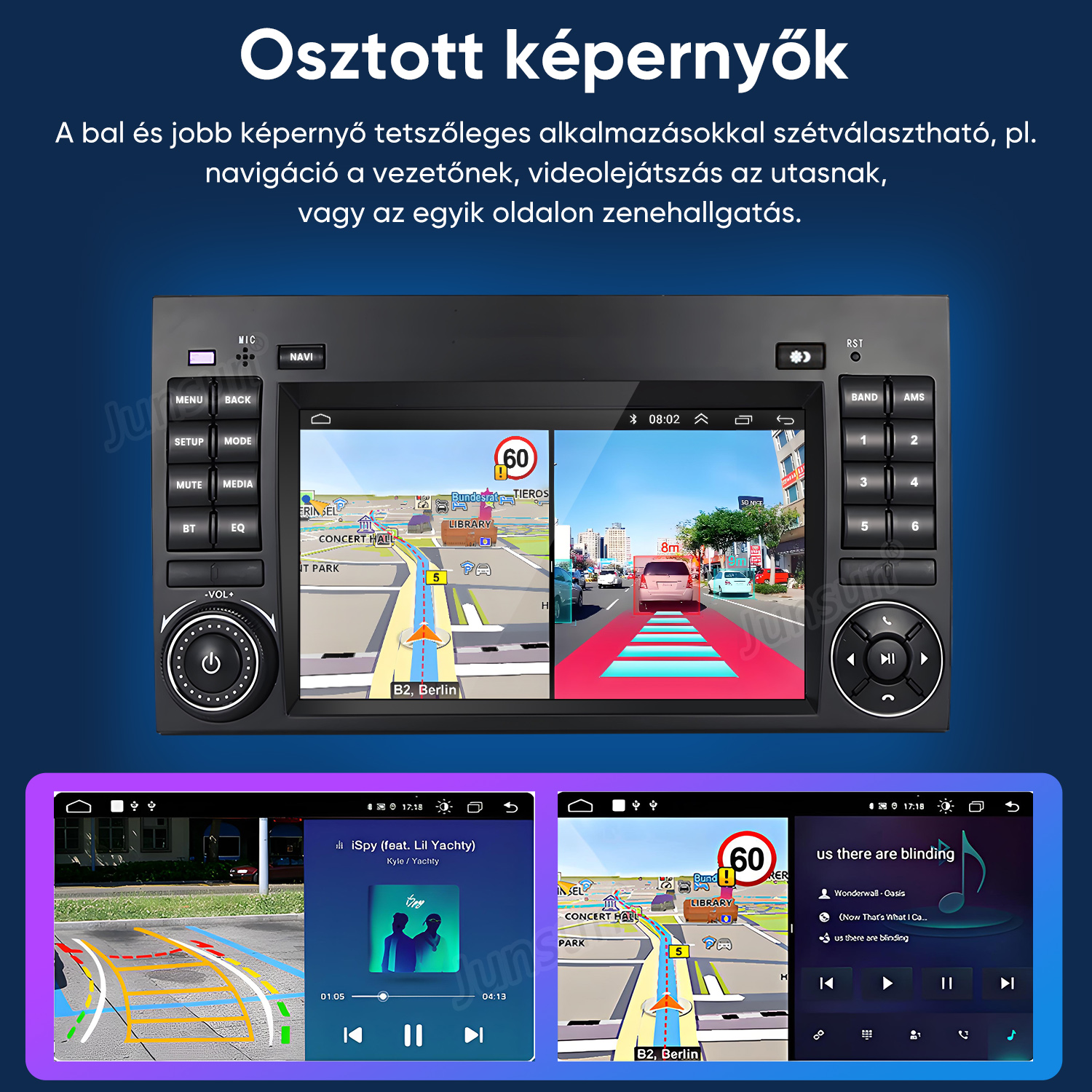 Autós rádió osztott képernyővel, navigációval és kameraképpel.