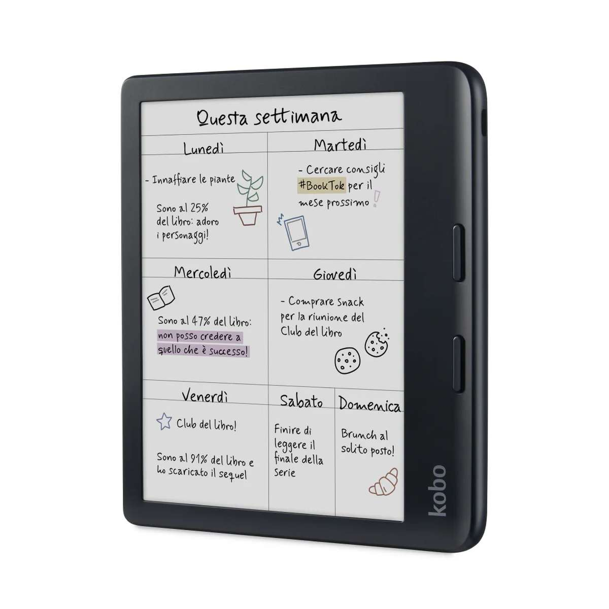 Un e-reader nero mostra un'agenda settimanale scritta a mano sullo schermo.