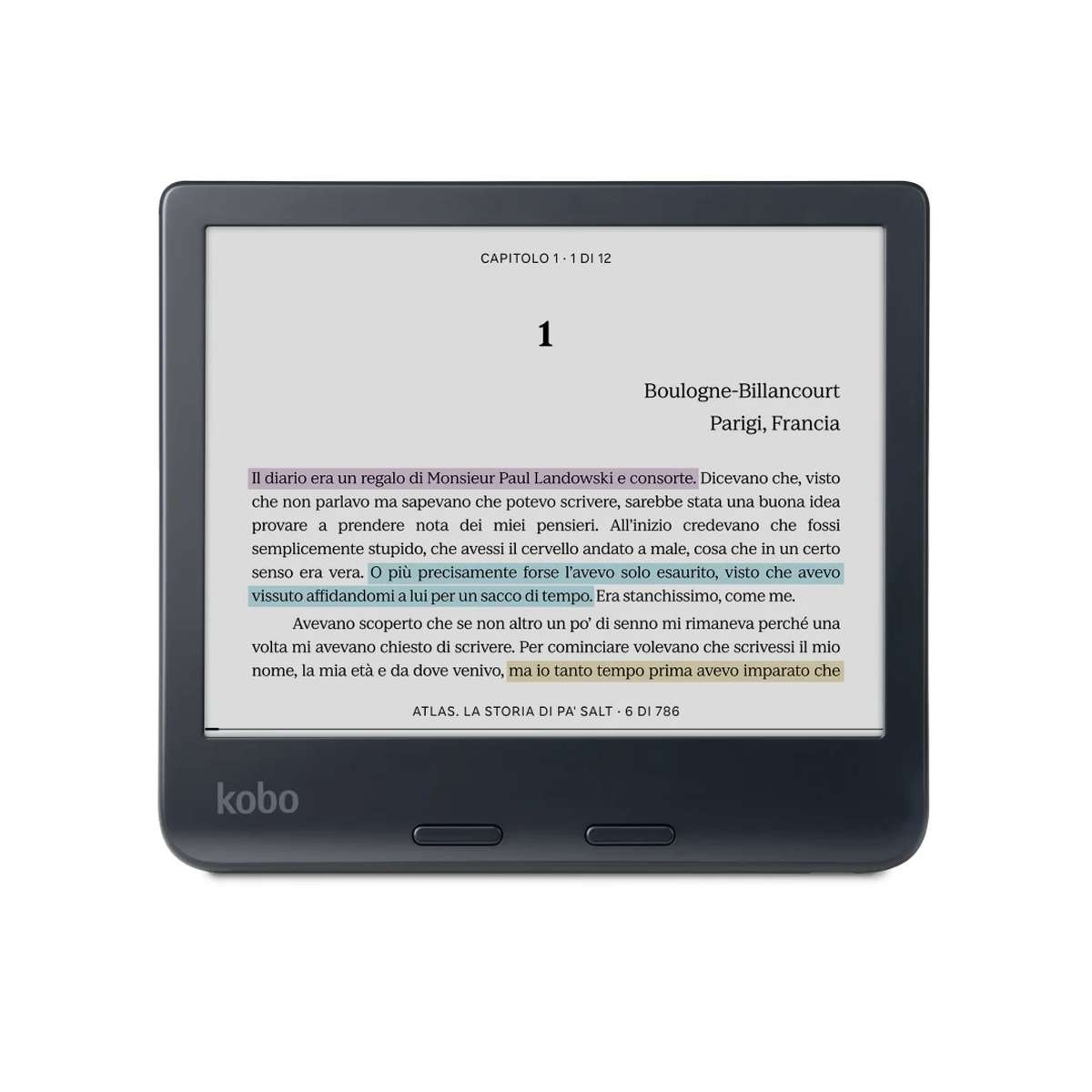 Un e-reader Kobo nero mostra una pagina di un libro con del testo evidenziato.