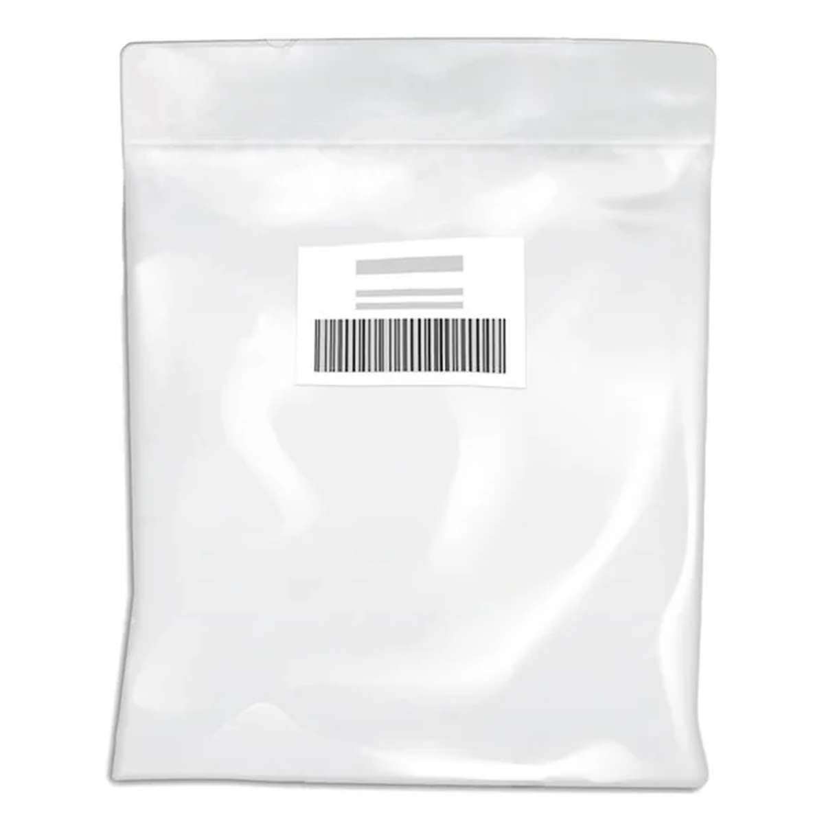 Una bolsa de plástico transparente con cierre hermético y una etiqueta con código de barras.