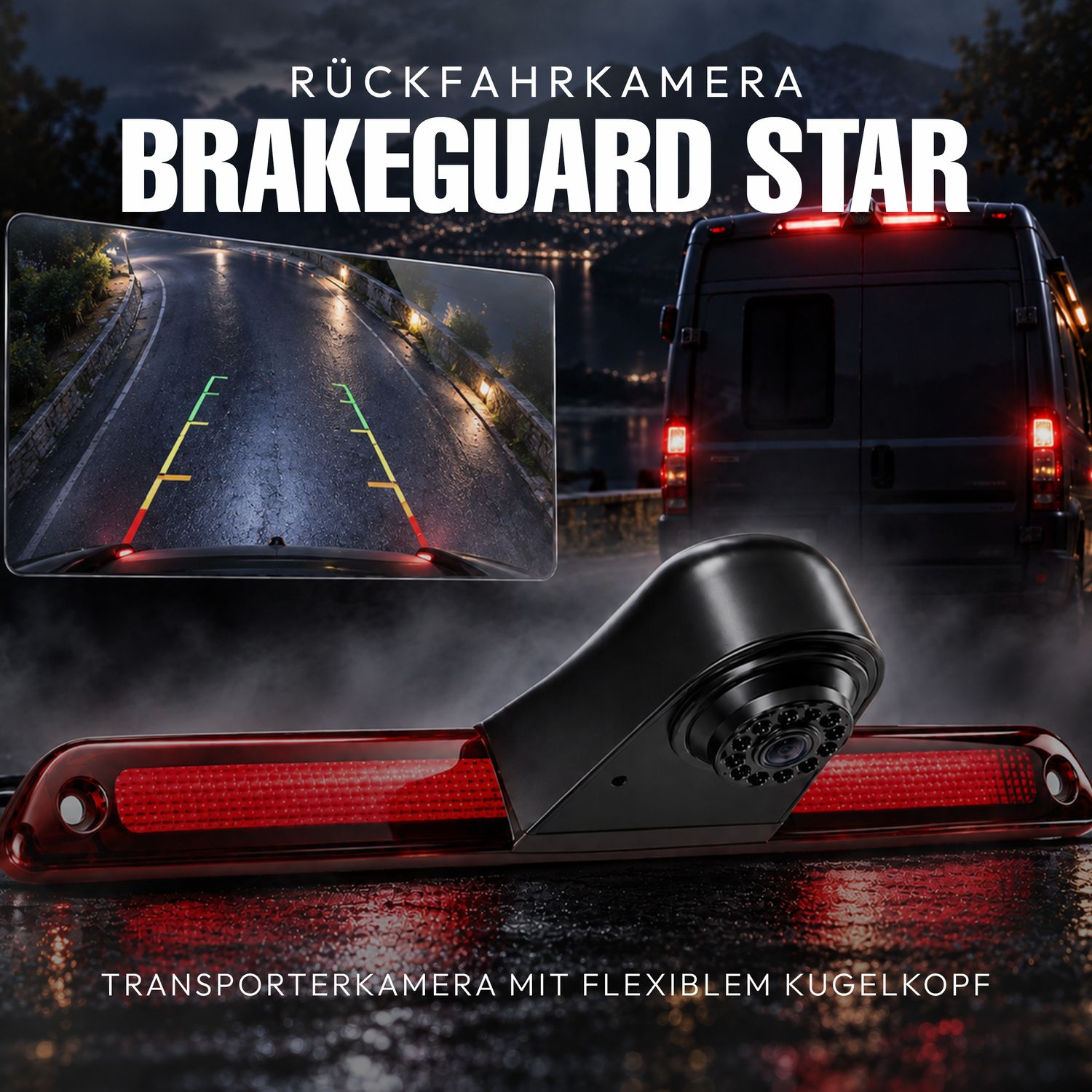 Rückfahrkamera BRAKEGUARD STAR mit rotem Bremslicht und Monitoransicht nachts auf einer kurvigen Straße.