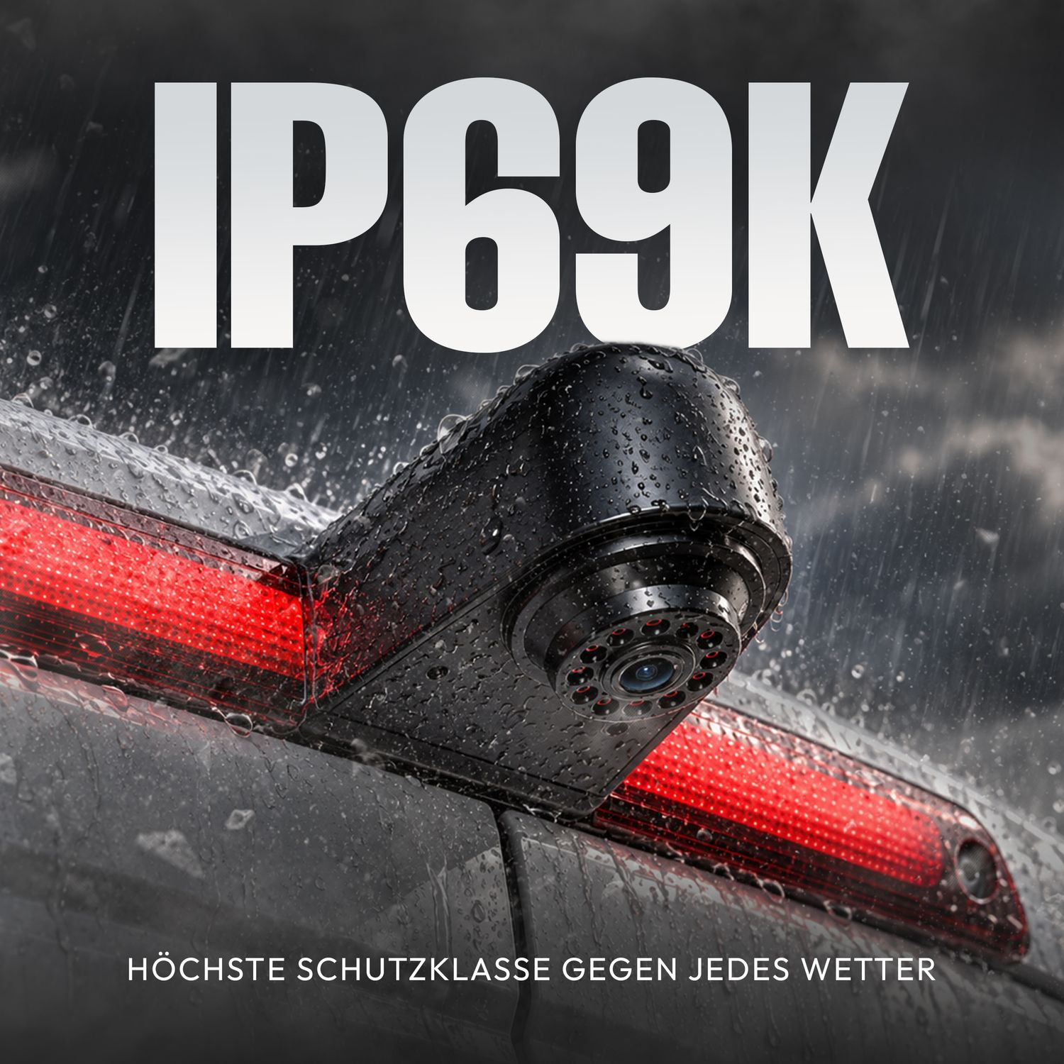Wasserdichte IP69K Kamera an einem Fahrzeug mit rotem Licht im Regen.