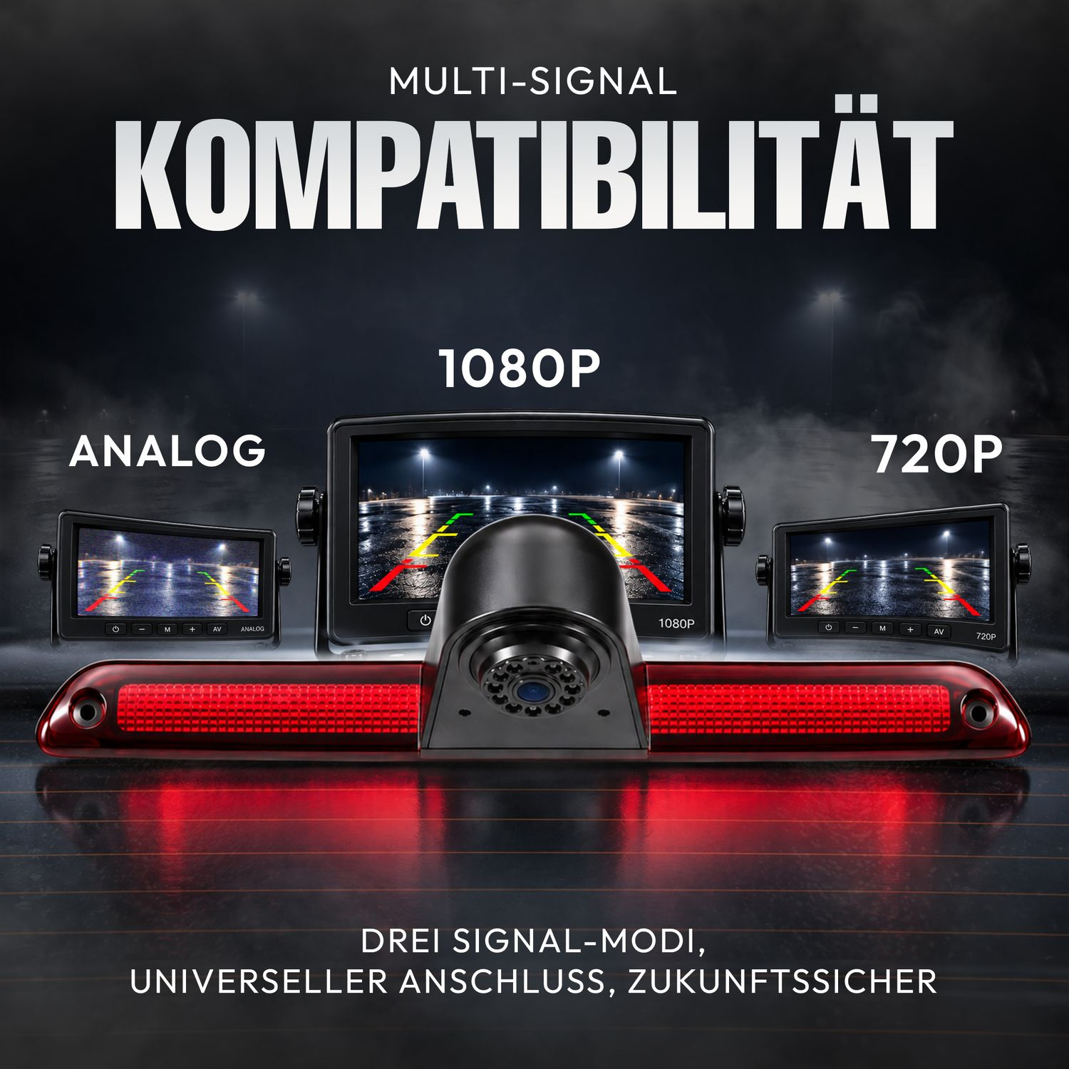 Rückfahrkamera mit integrierter Bremsleuchte und drei Monitoren, die Analog-, 1080P- und 720P-Signale anzeigen.