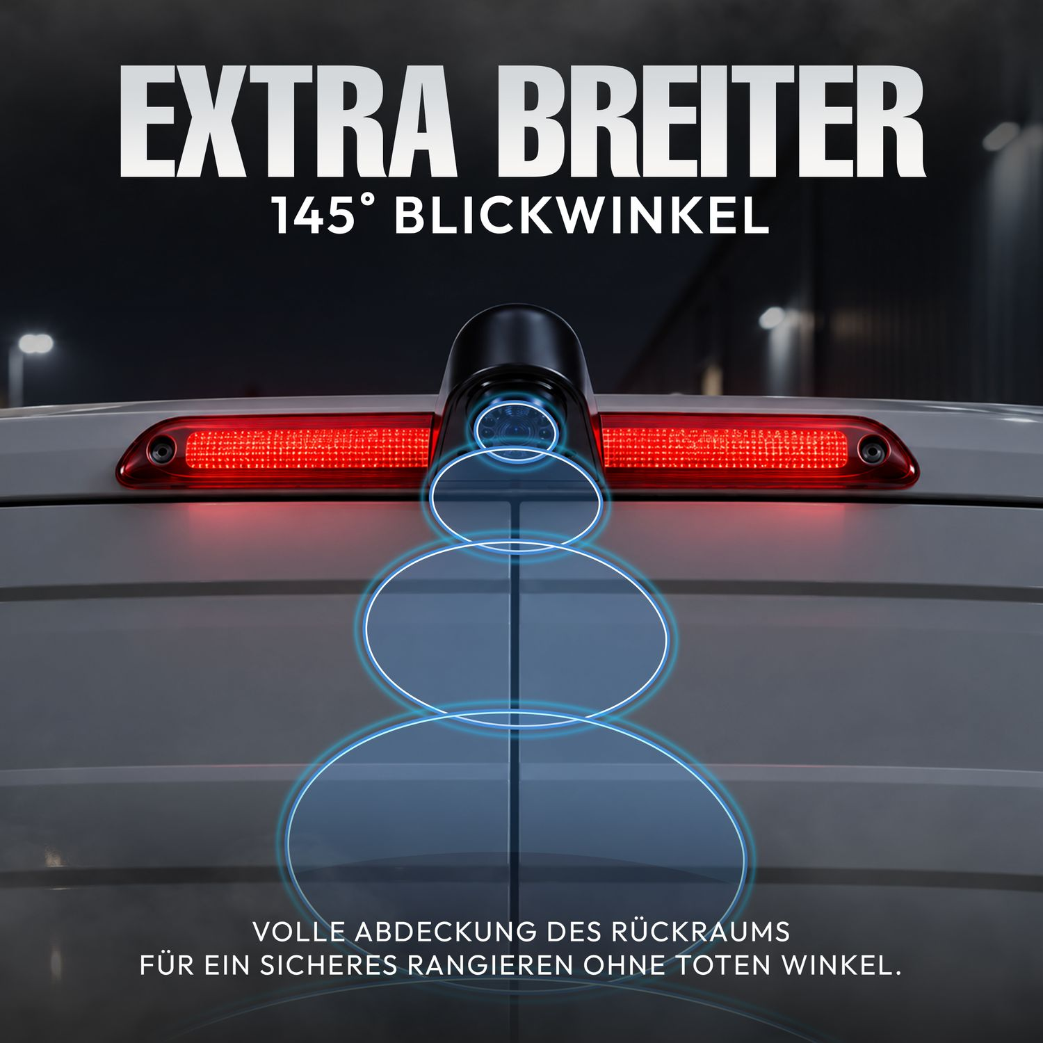 Rückfahrkamera am Fahrzeugheck mit Leuchtstreifen und blauen Blickwinkellinien.