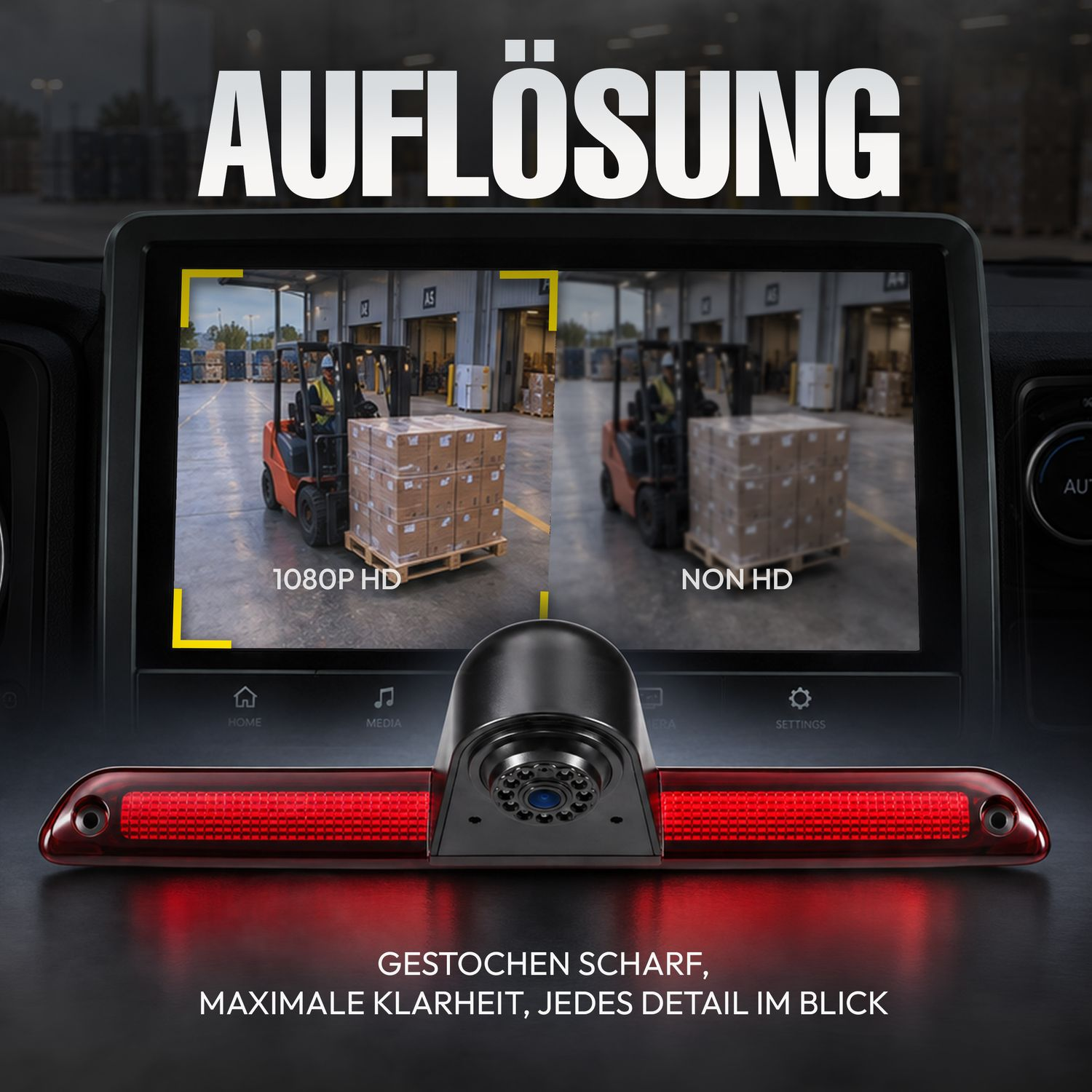 Rückfahrkamera mit integrierter Bremsleuchte zeigt Vergleich zwischen 1080P HD und Standardauflösung.