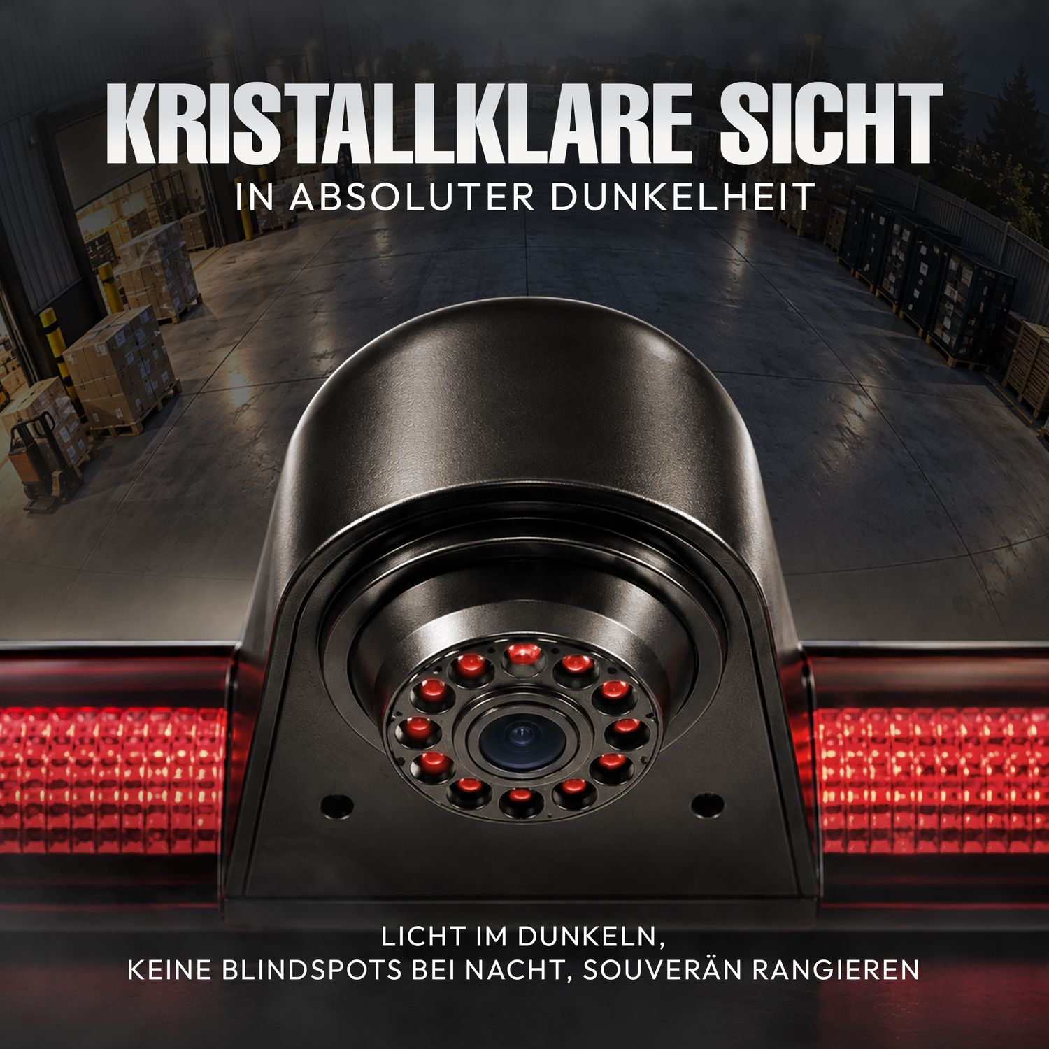 Eine schwarze Rückfahrkamera mit roten LEDs überblickt nachts einen Lagerhof mit deutschem Werbetext.