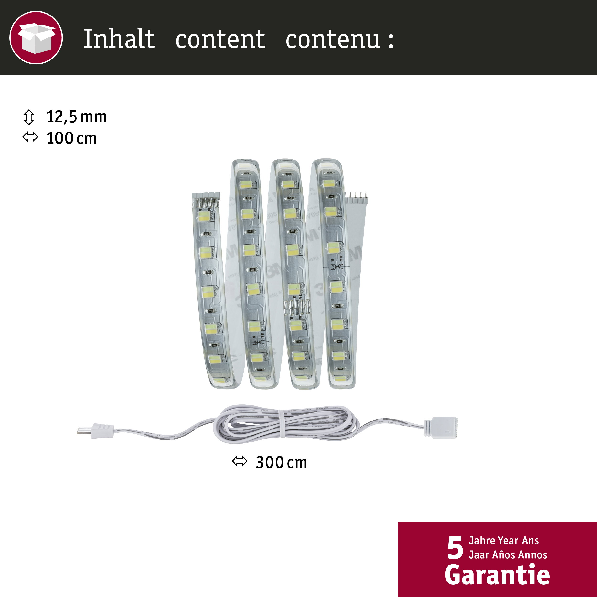 LED-Streifen mit 100 cm Länge und 12,5 mm Breite sowie ein 300 cm langes Kabel mit Anschlüssen.