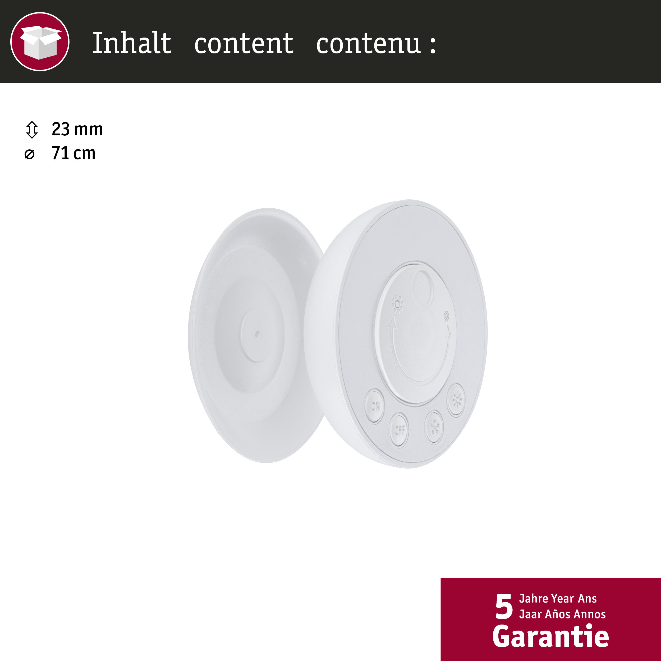 Weißes, rundes Thermostat mit Bedienknöpfen, Maße 23 mm mal 71 cm, 5 Jahre Garantie.