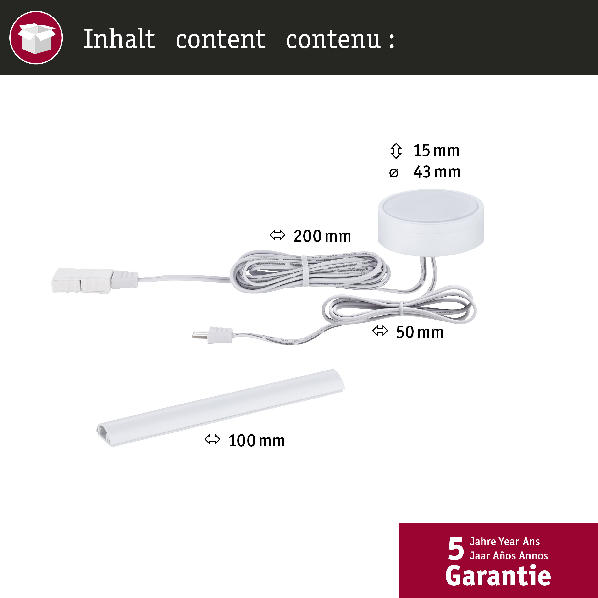 Produktinhalt mit Maßen für LED-Leuchte, Kabel und Schiene sowie 5 Jahre Garantie.
