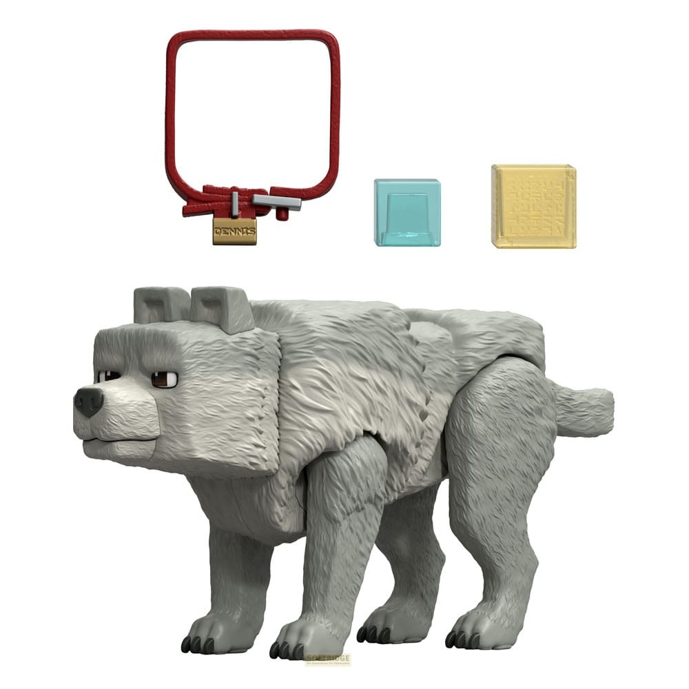 Lobo de juguete de Minecraft en gris, con collar rojo, un bloque azul y un bloque de oro sobre fondo blanco.
