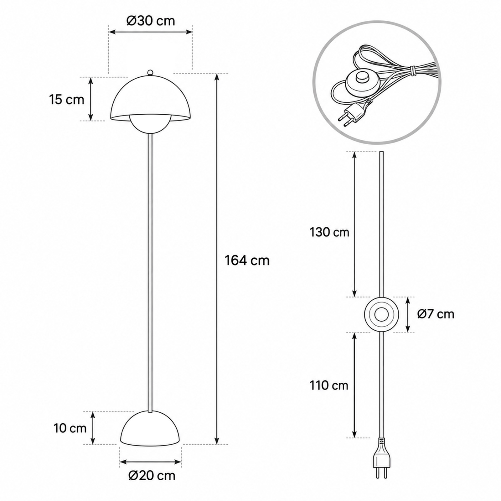 Dibujo técnico de una lámpara de pie con dimensiones y detalle de cable.