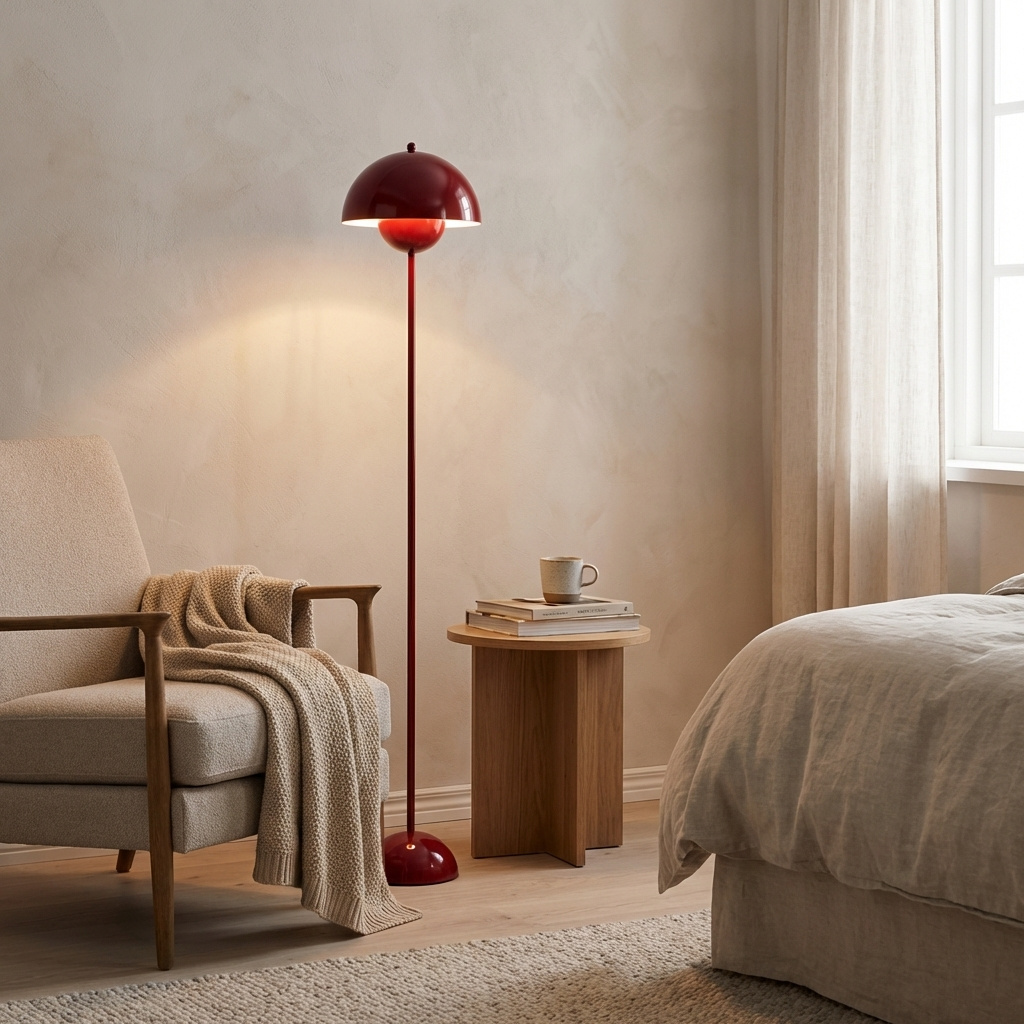 Una lámpara de pie roja junto a un sillón con manta, una mesa de madera con taza y una cama.