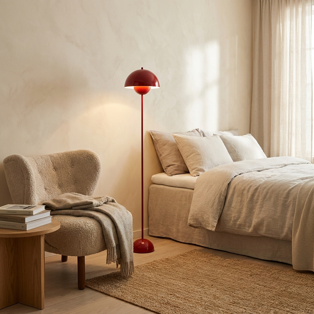 Un dormitorio acogedor con ropa de cama neutra, un sillón mullido, una lámpara de pie roja y una mesa auxiliar.