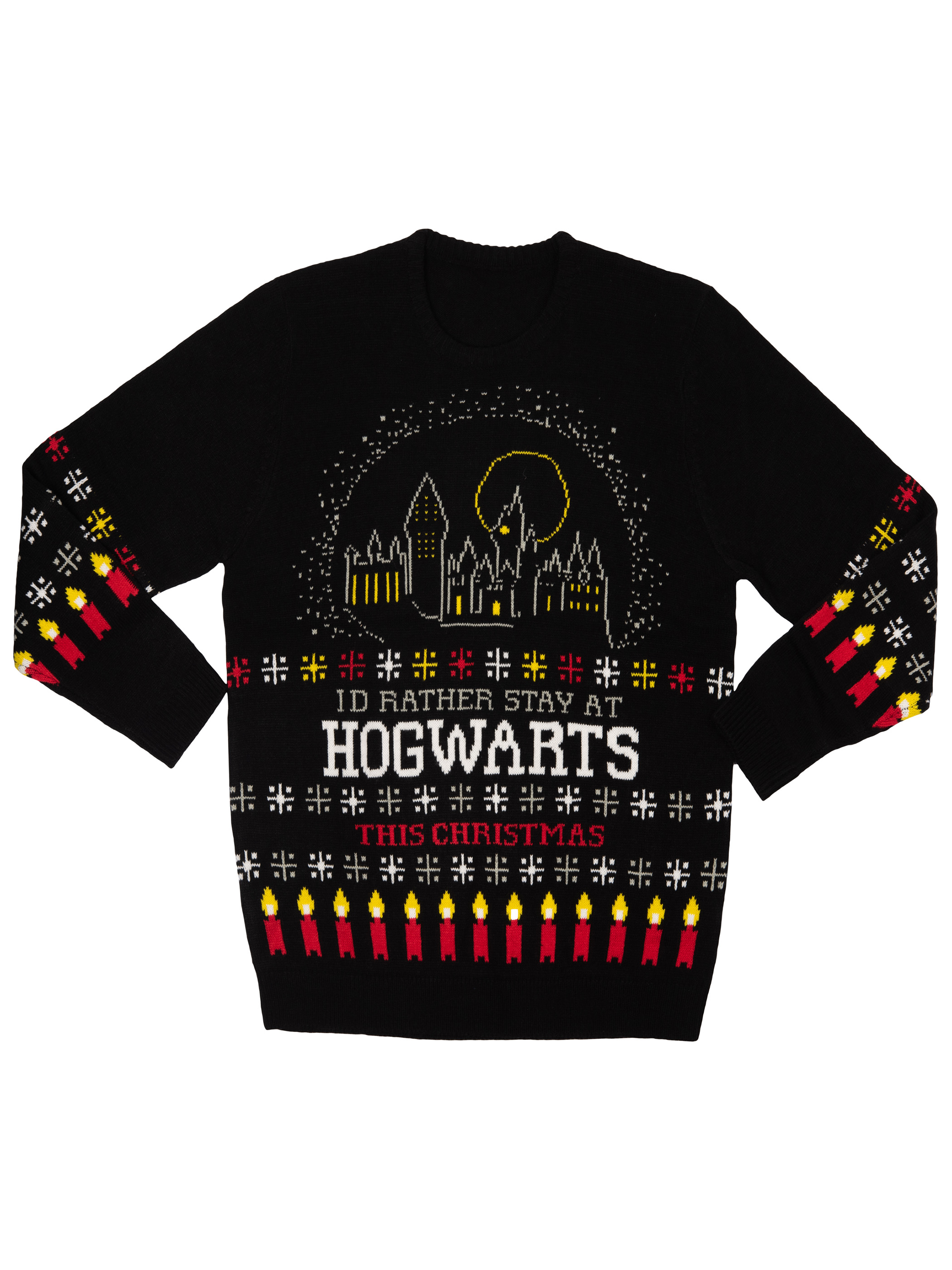 Schwarzer Weihnachtspullover mit Hogwarts-Schloss, Sternen, Kerzen und dem Text "I'd rather stay at Hogwarts this Christmas".