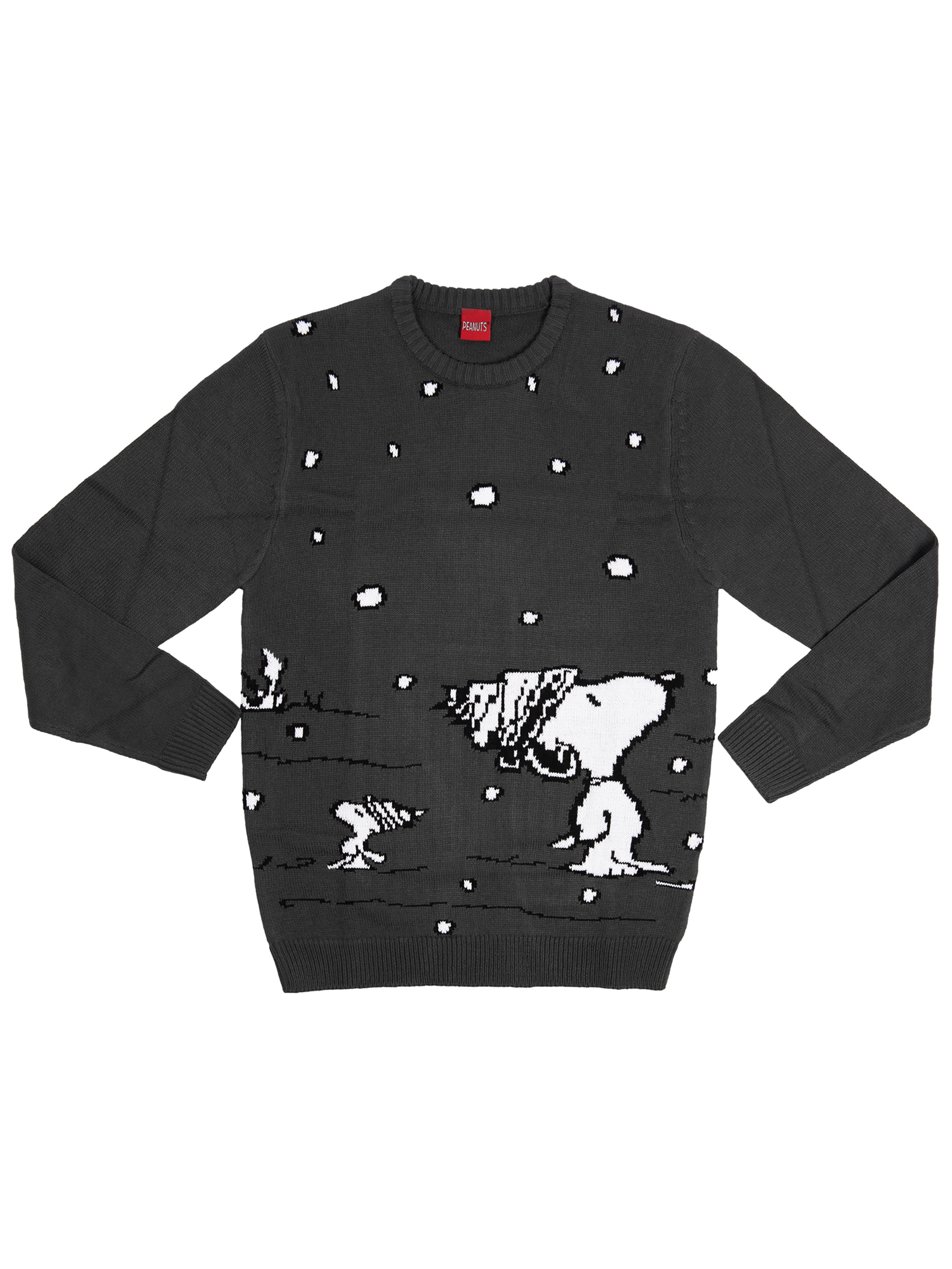 Dunkelgrauer Pullover mit Snoopy-Motiv im Schnee, langen Ärmeln und Rundhalsausschnitt.