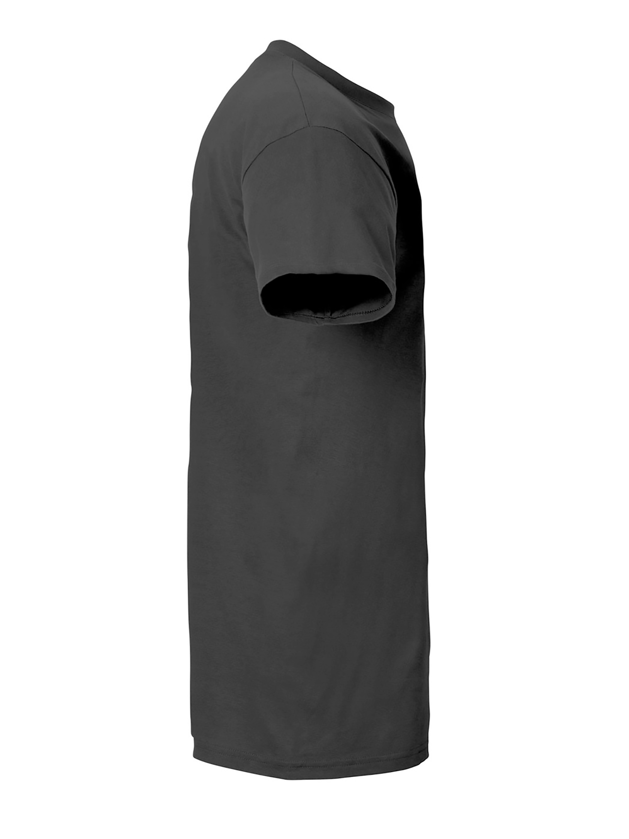 Seitenansicht eines einfachen schwarzen T-Shirts auf weißem Hintergrund.