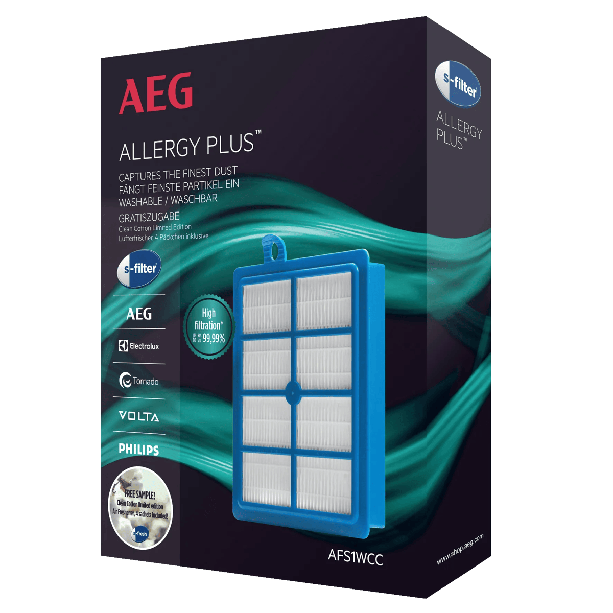 Caja de filtro AEG Allergy Plus con logotipo de AEG y filtro azul.