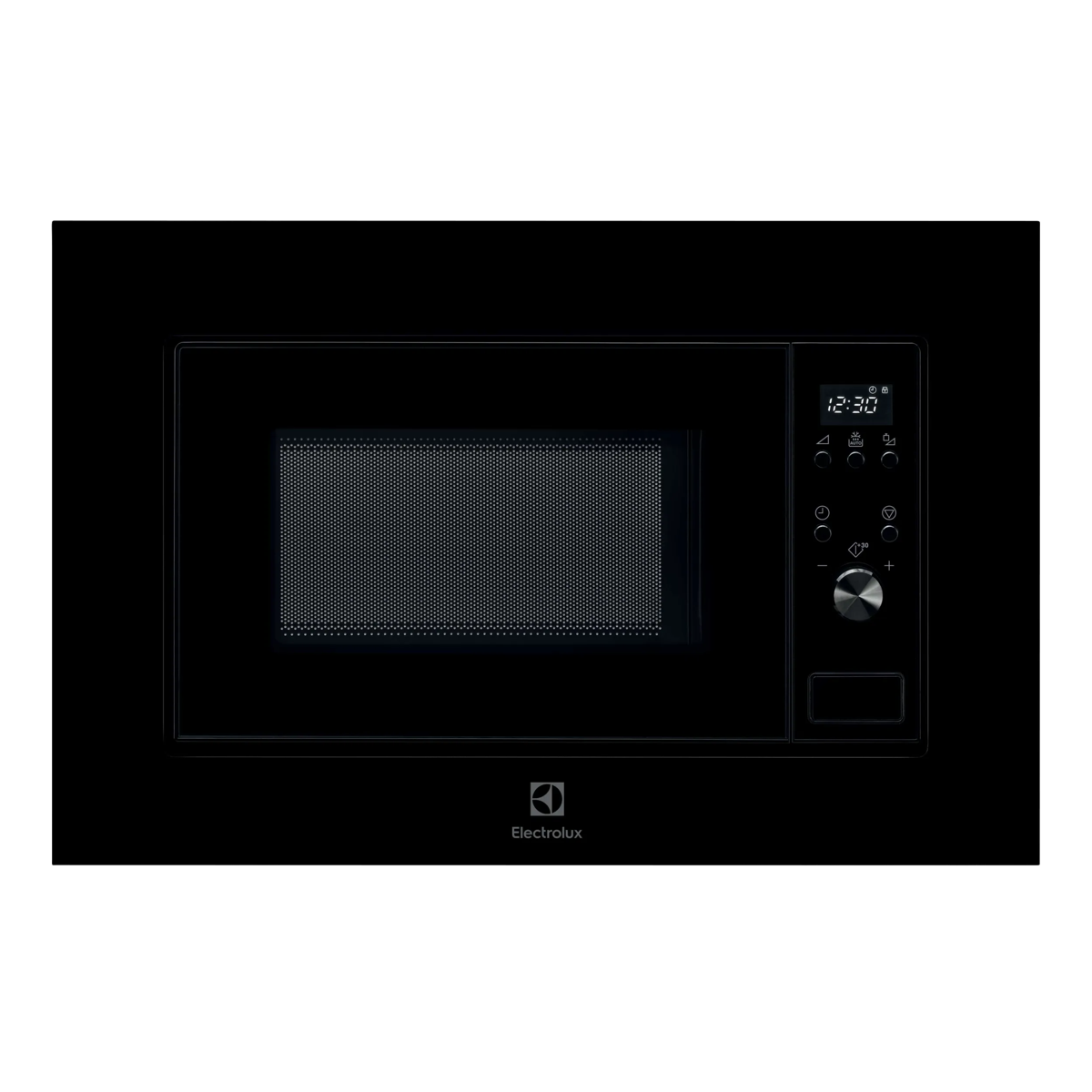 Microondas empotrable Electrolux negro con pantalla digital, botones y mando giratorio sobre fondo blanco.