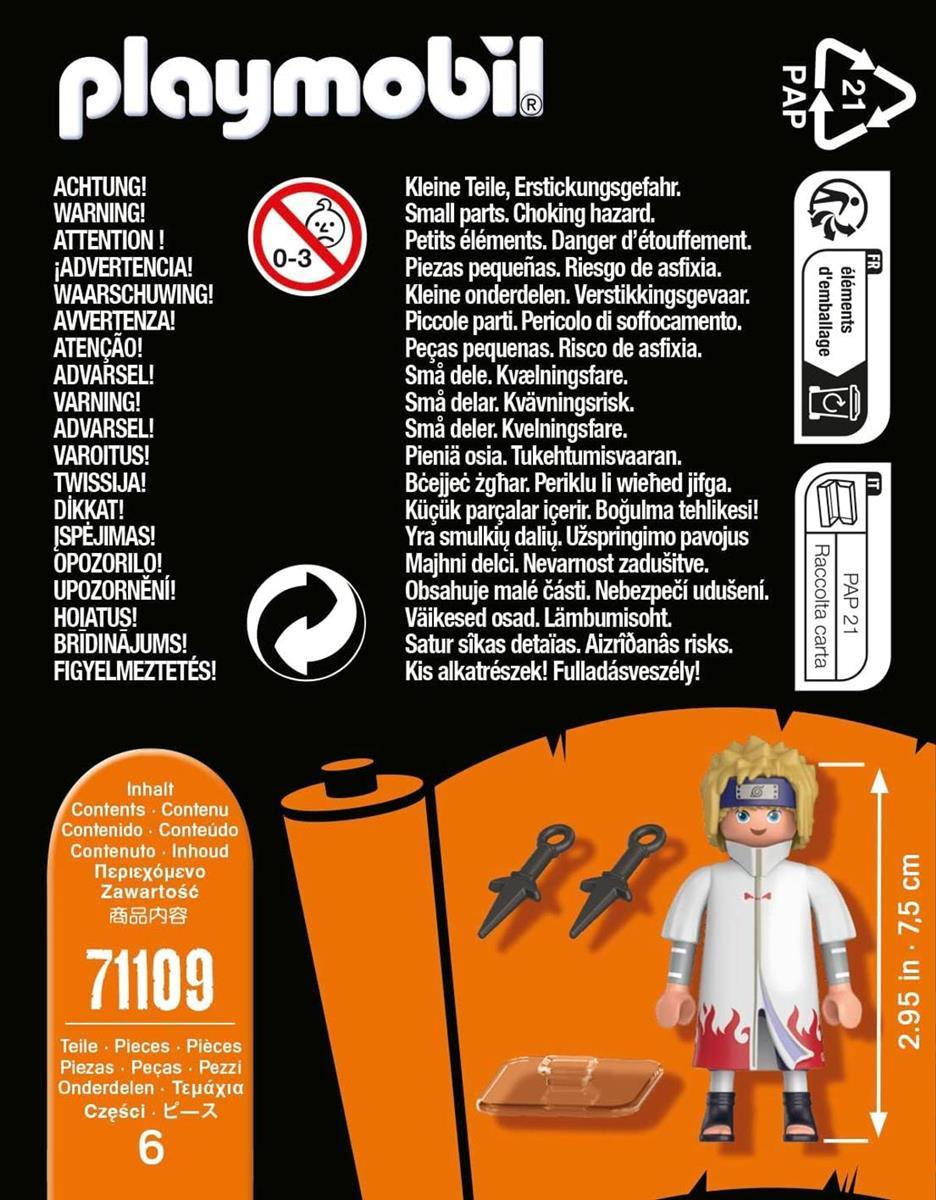 Figura de Playmobil Naruto con accesorios en envase con advertencias.