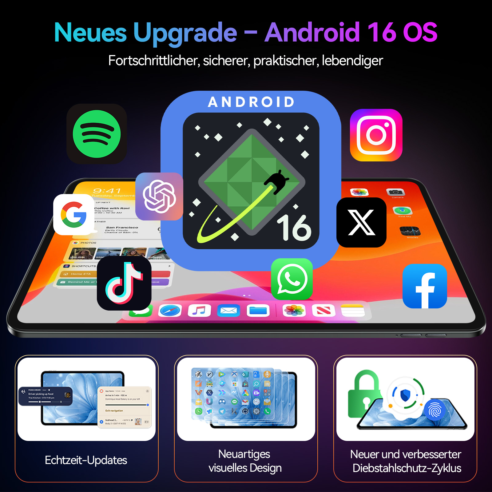 Android 16 Upgrade mit App-Icons, neuem Design, Echtzeit-Updates und Diebstahlschutz auf einem Tablet.