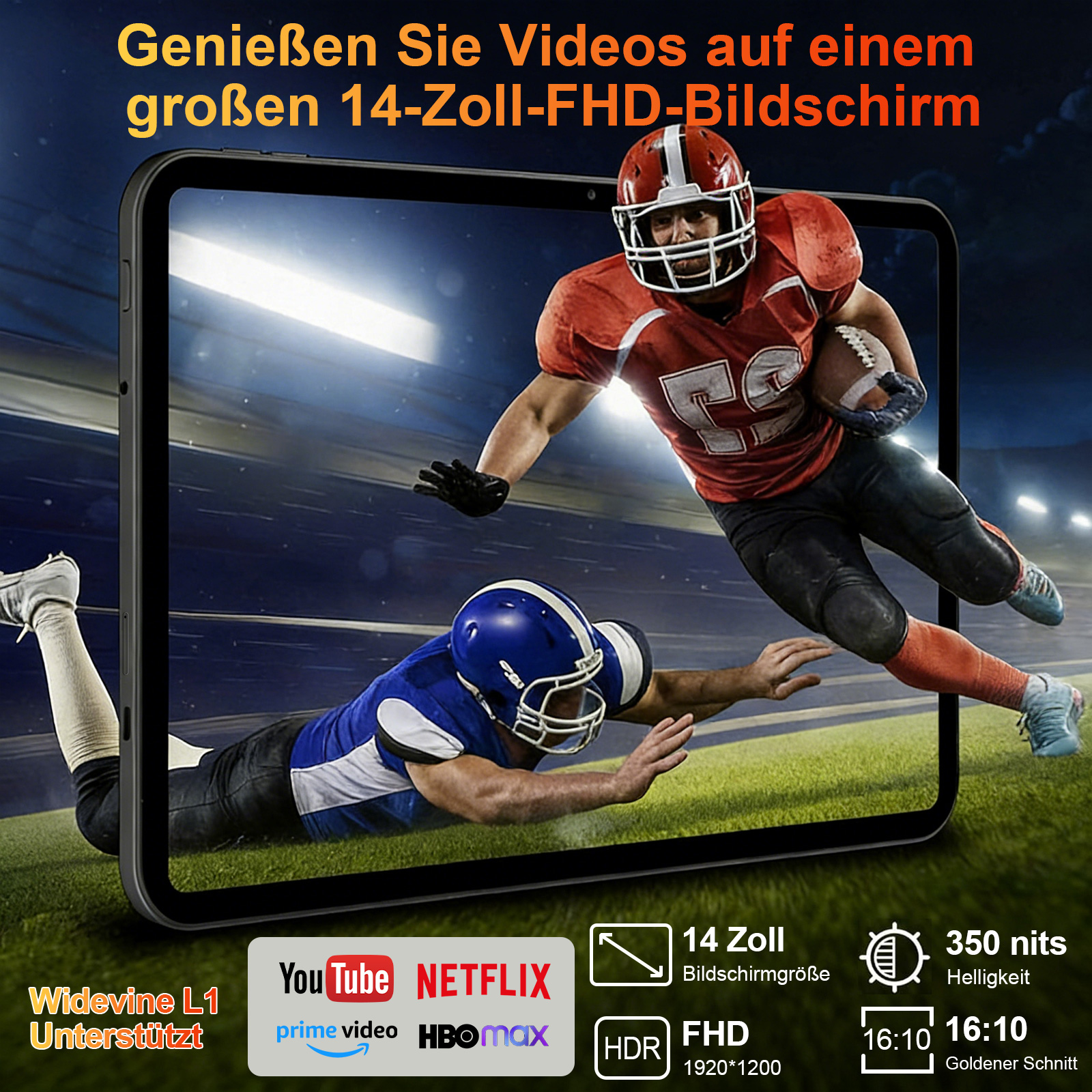 Ein Footballspiel läuft auf einem 14-Zoll-Bildschirm mit Logos von Streamingdiensten und technischen Details.