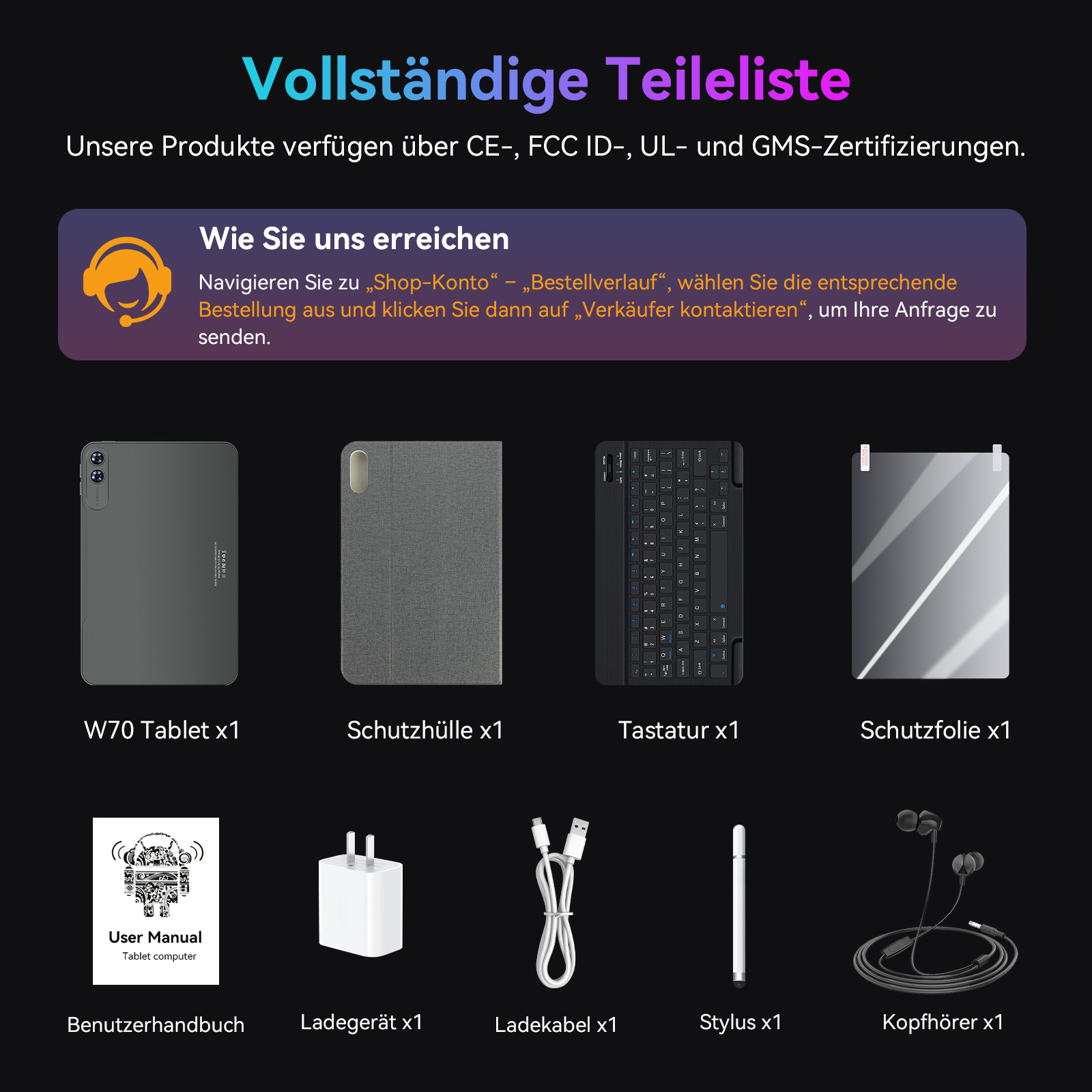 Übersicht der Teileliste für das W70 Tablet inklusive Zubehör wie Hülle, Tastatur und Ladekabel auf schwarzem Grund.
