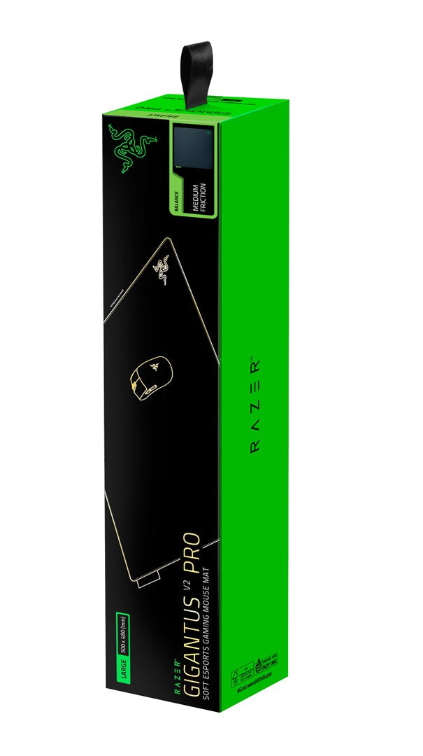 Una scatola di imballaggio per tappetino da gioco Razer Gigantus V2 Pro verde e nera.