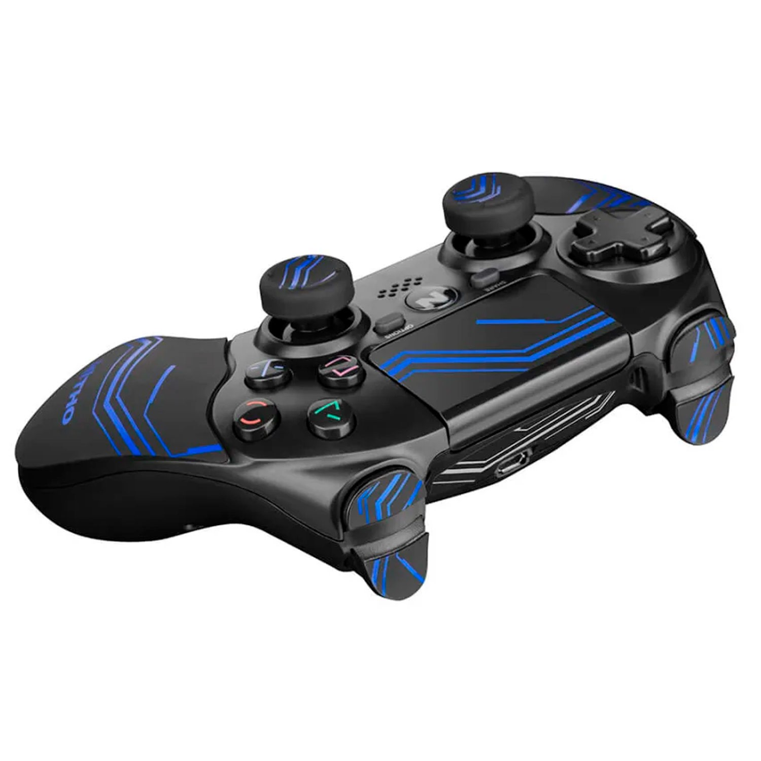 Un controlador de juegos negro con detalles en azul neón, dos joysticks, una cruceta y varios botones.