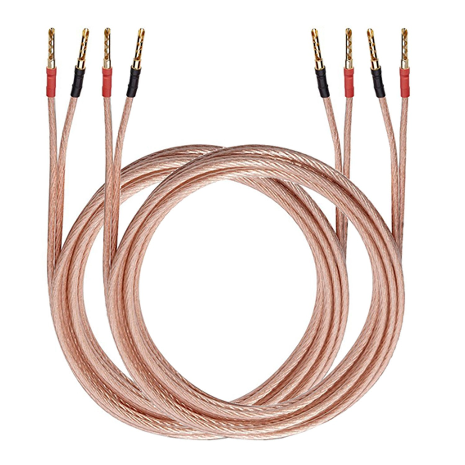 Dos cables de cobre enrollados con conectores banana chapados en oro.
