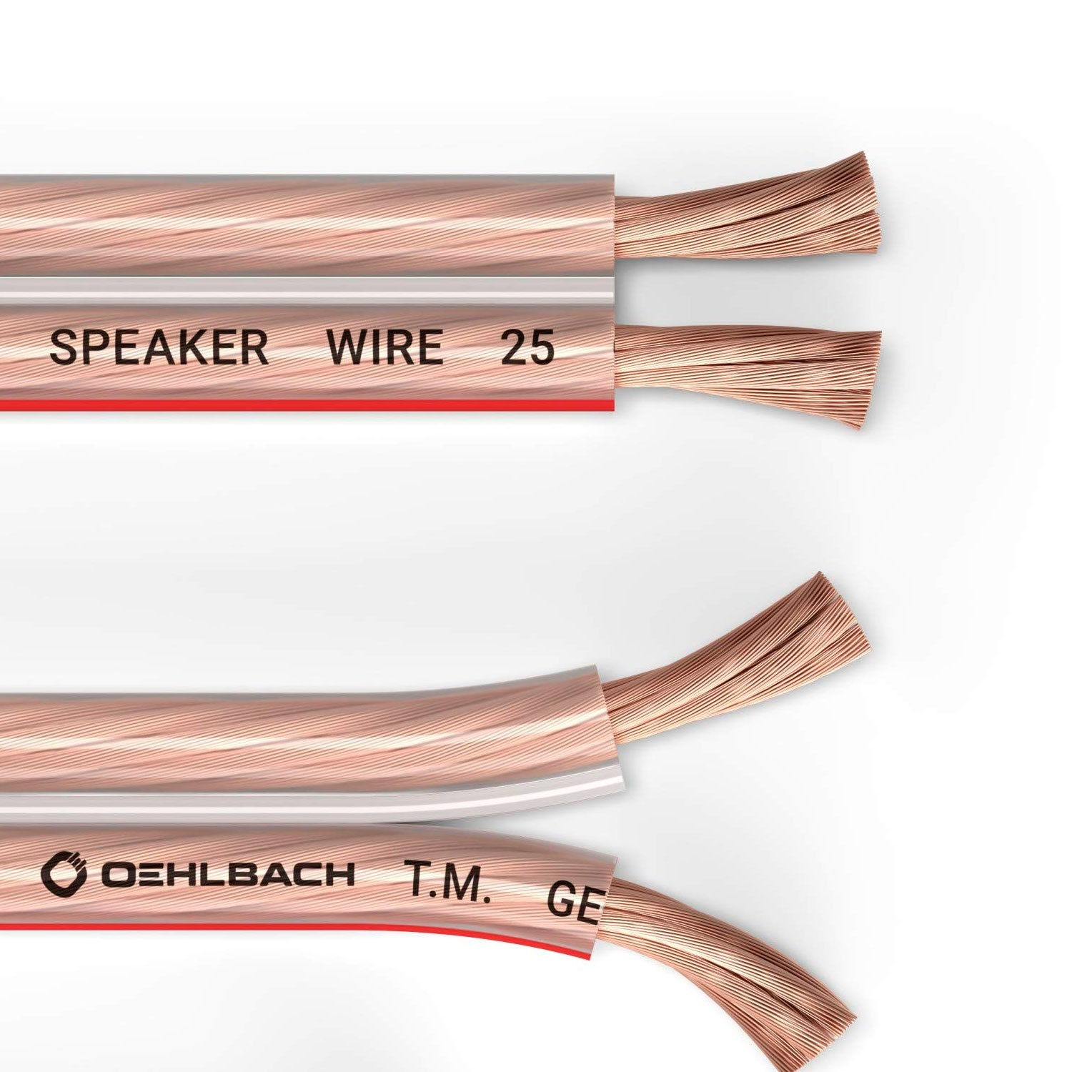 Dos cables de cobre con hilos expuestos sobre fondo blanco, etiquetados 'SPEAKER WIRE 25' y 'OEHLBACH'.