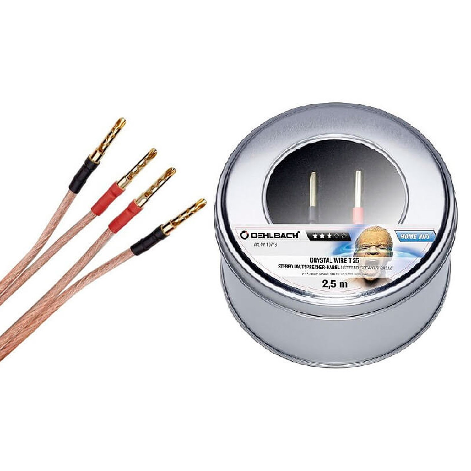 Cables de altavoz Oehlbach con conectores banana chapados en oro junto a un envase cilíndrico.