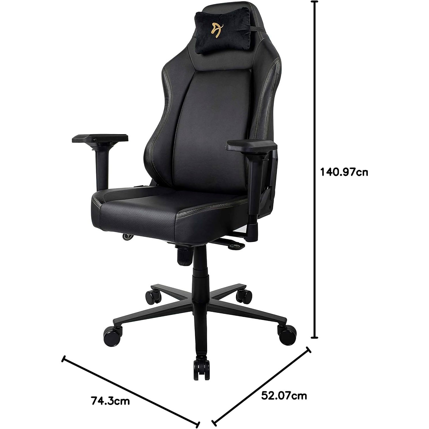 Silla gaming negra con reposacabezas, reposabrazos ajustables, ruedas y dimensiones de 140,97 x 74,3 x 52,07 cm.