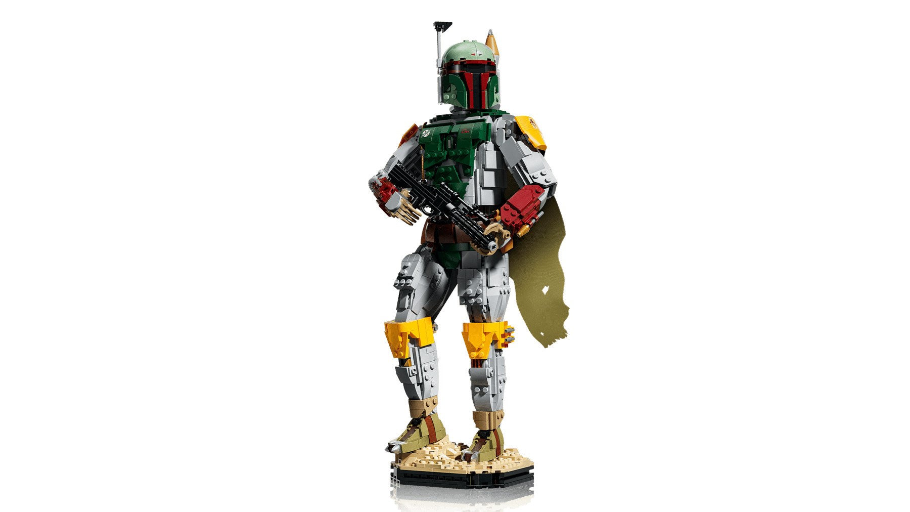 Kumlu bir taban üzerinde duran ve bir blaster tutan Lego Boba Fett figürü.