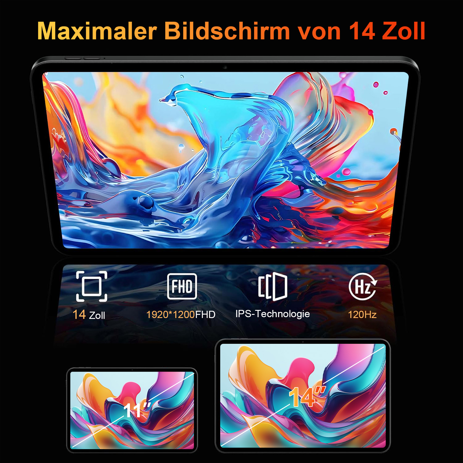 Tablet mit großem 14-Zoll-Bildschirm, bunten Grafiken, technischen Spezifikationen und Vergleichen.