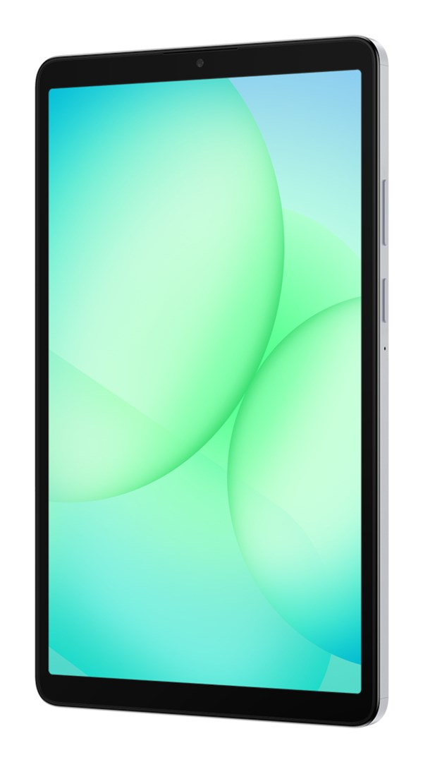 Un tablet con uno sfondo astratto verde chiaro sul display si trova su uno sfondo bianco.