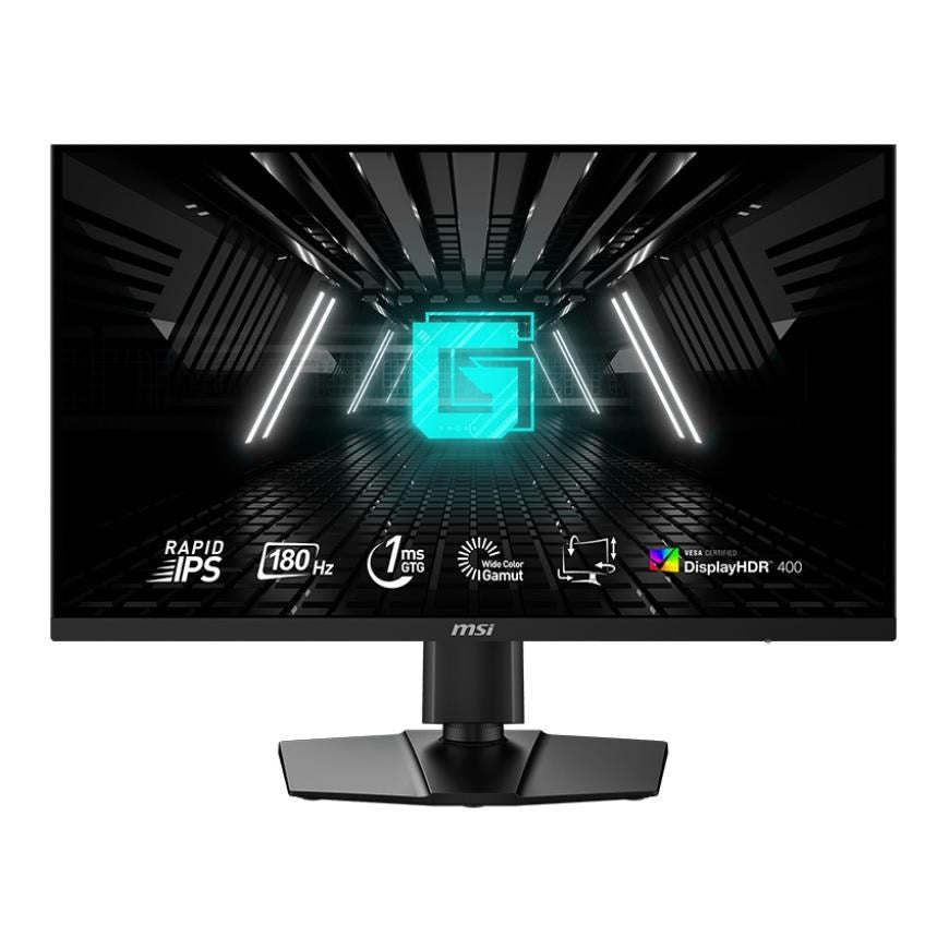 Monitor de juegos MSI con fondo futurista, VESA DisplayHDR 400 y especificaciones técnicas.