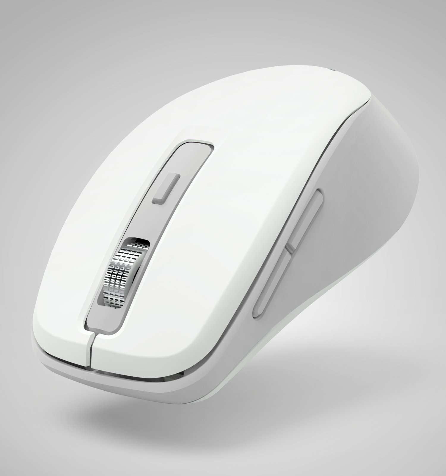 Un mouse per computer bianco con rotella metallica e tasti laterali su sfondo chiaro.