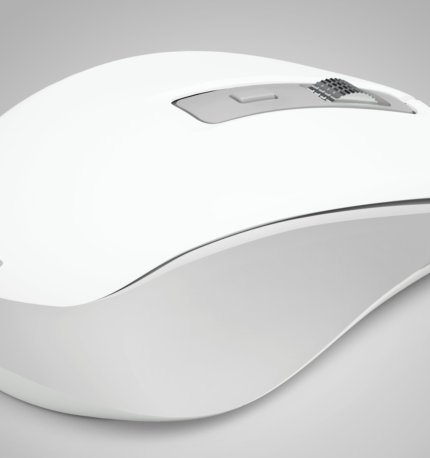 Mouse per computer bianco con rotella di scorrimento argentata e dettagli grigi su sfondo grigio chiaro.