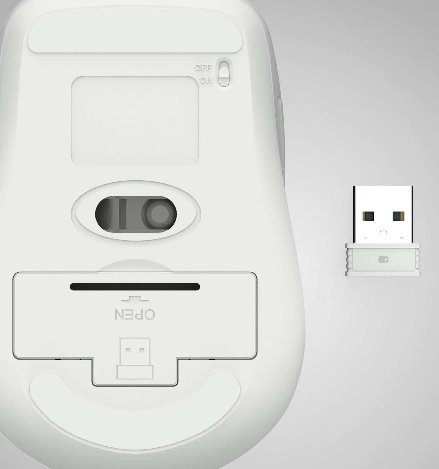La parte inferiore di un mouse wireless bianco con un ricevitore USB accanto su sfondo grigio.